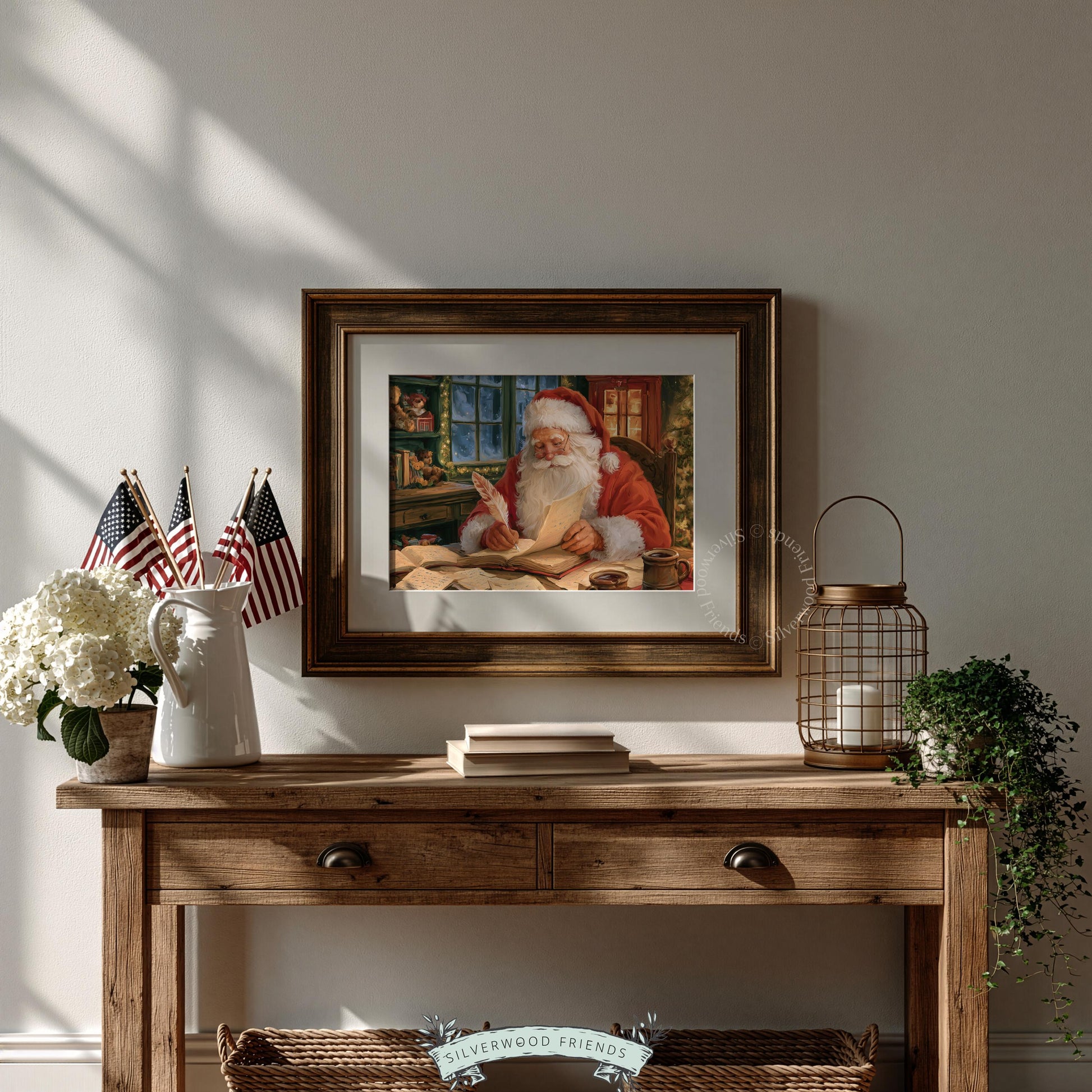 Classic Santa illustration wall art for den — quill pen, cluttered workspace, and glowing holiday ambiance