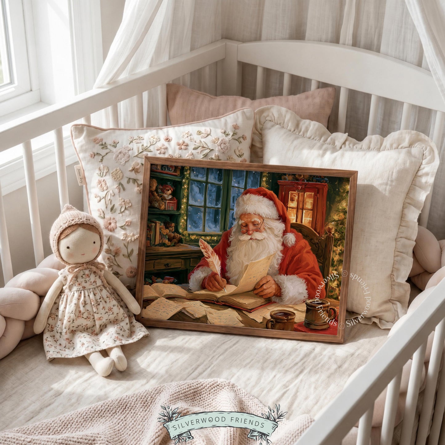 Vintage-inspired holiday wall picture for bedroom — Santa surrounded by scrolls and seasonal decorations in soft candlelight