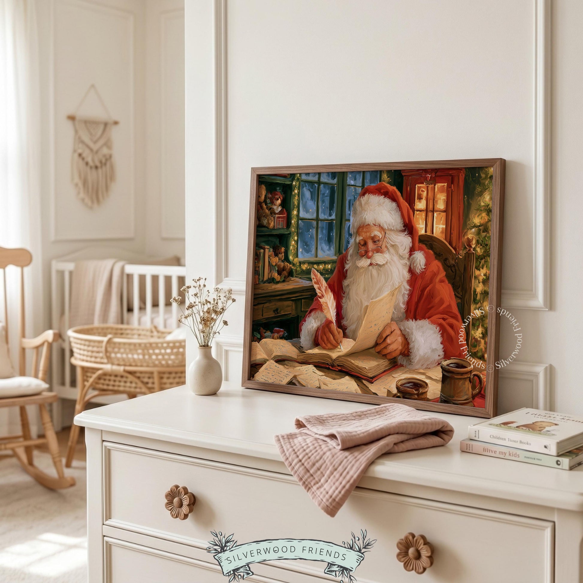 Antique-style holiday illustration wall decor — bearded character reading by candlelight in traditional workshop setting