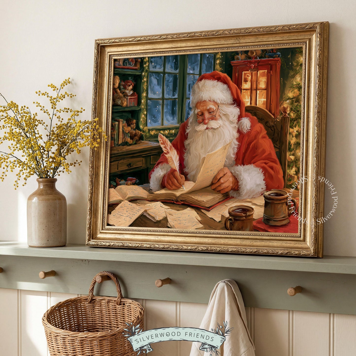 Santa reading letters printable art for study — vintage North Pole scene with warm candlelight and holiday charm