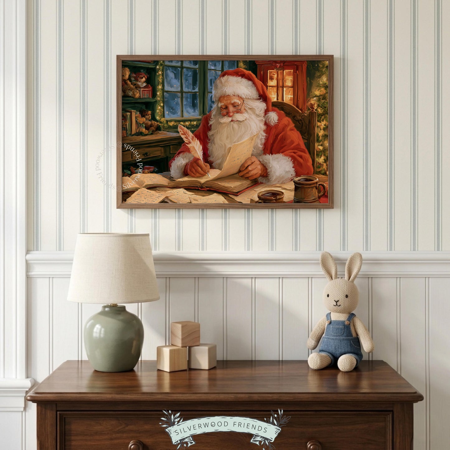 Vintage Christmas poster featuring Santa reading correspondence — warm gold tones and nostalgic North Pole study aesthetic