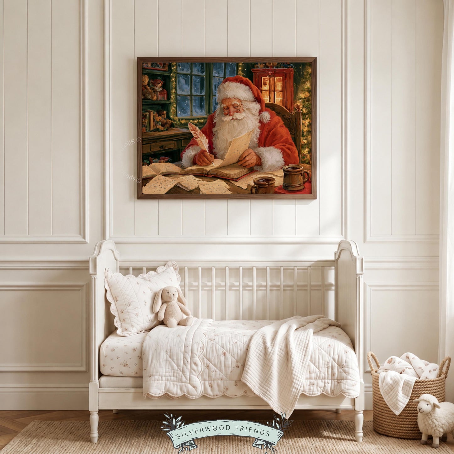 Warm-toned festive artwork featuring reading Santa — instant download printable perfect for holiday hosting displays