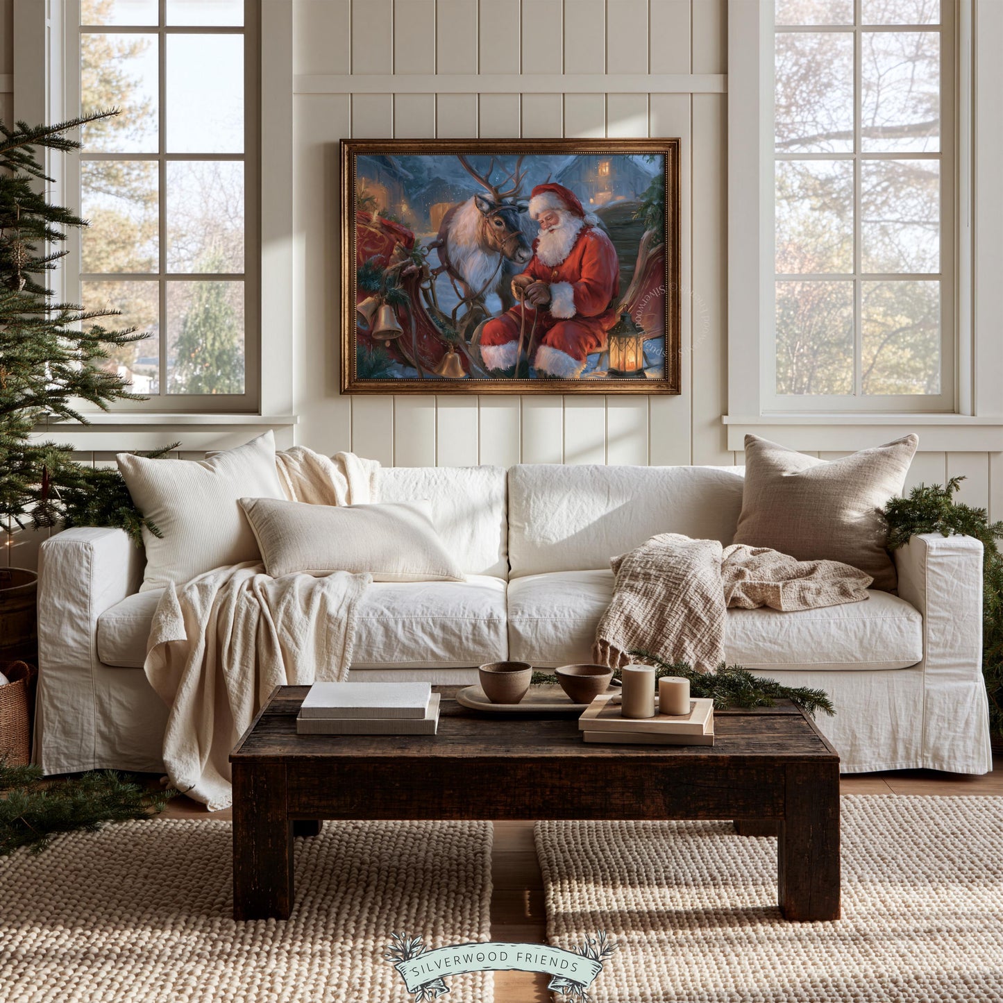 Santa and reindeer painting printable art for living room — vintage Christmas scene with warm candlelight glow