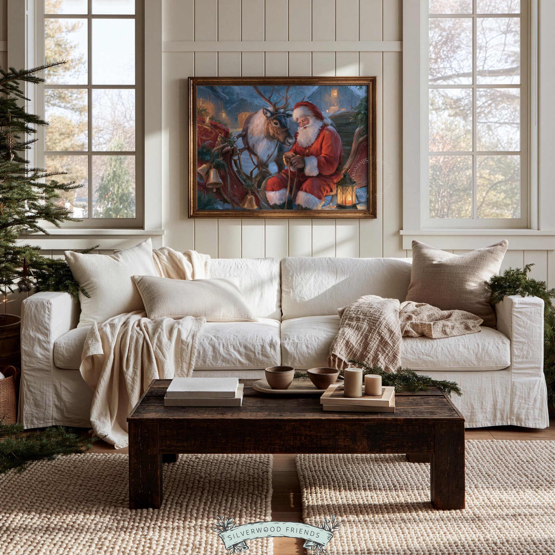 Santa and reindeer painting printable art for living room — vintage Christmas scene with warm candlelight glow