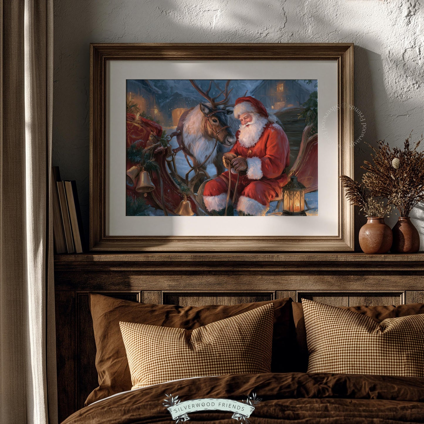 Festive holiday poster featuring jolly figure with sleigh animals — cozy winter night aesthetic with jewel tones