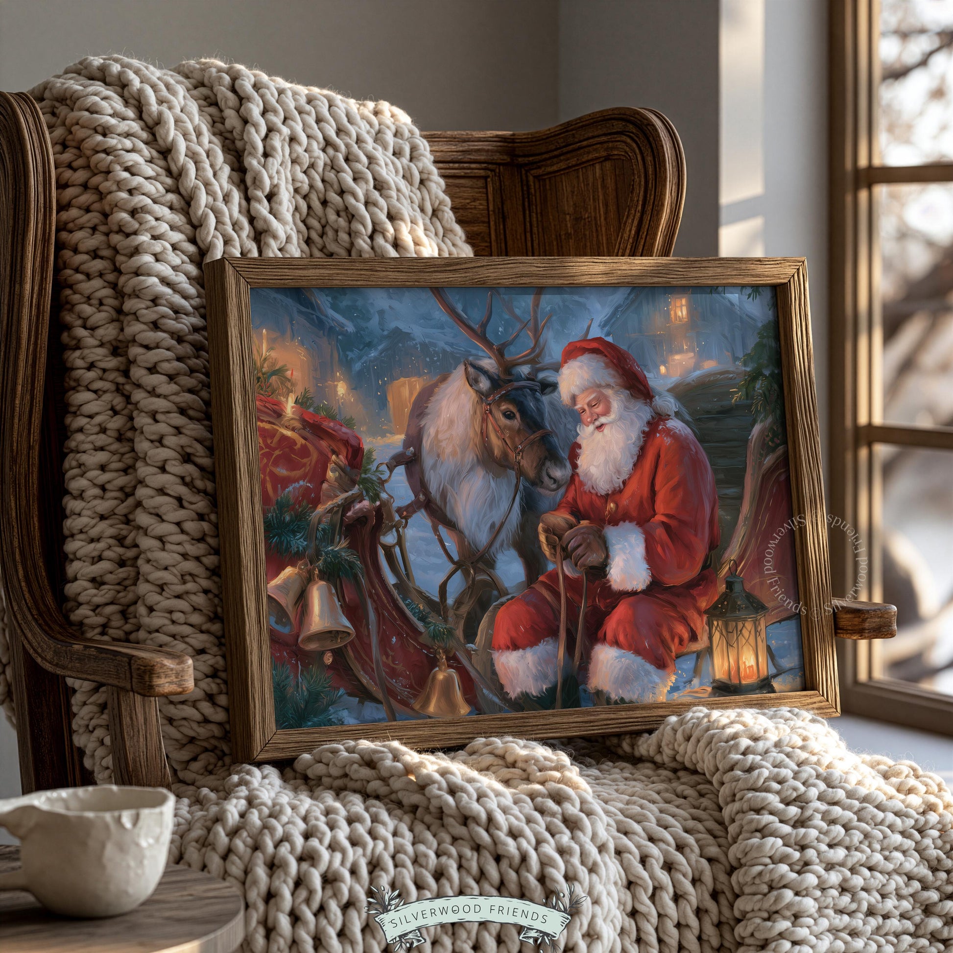 Joyful seasonal wall art for den — intimate holiday painting with glowing light, bells, and evergreen details