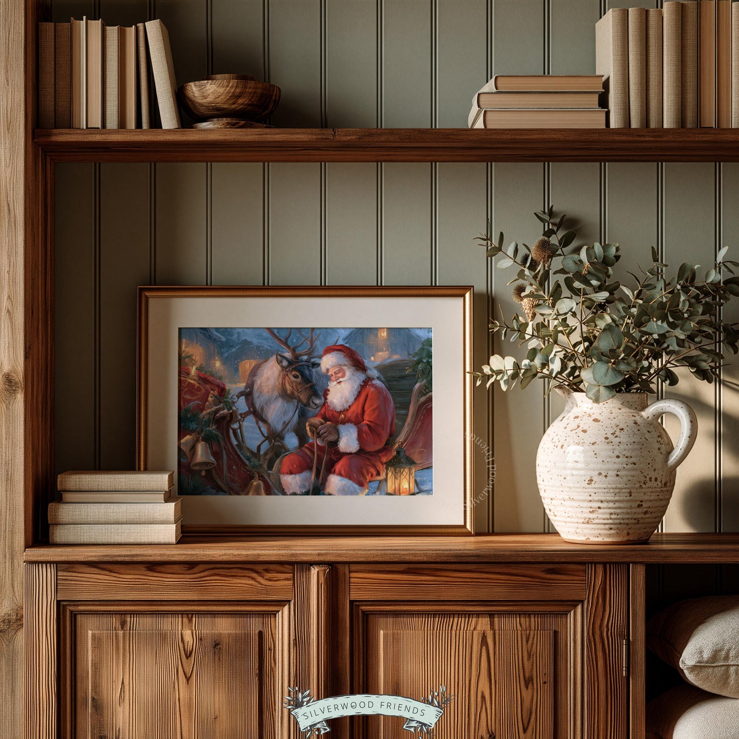 Festive vintage picture printable for mantel display — intimate Christmas scene with candlelight, sleigh bells, and traditional holiday charm