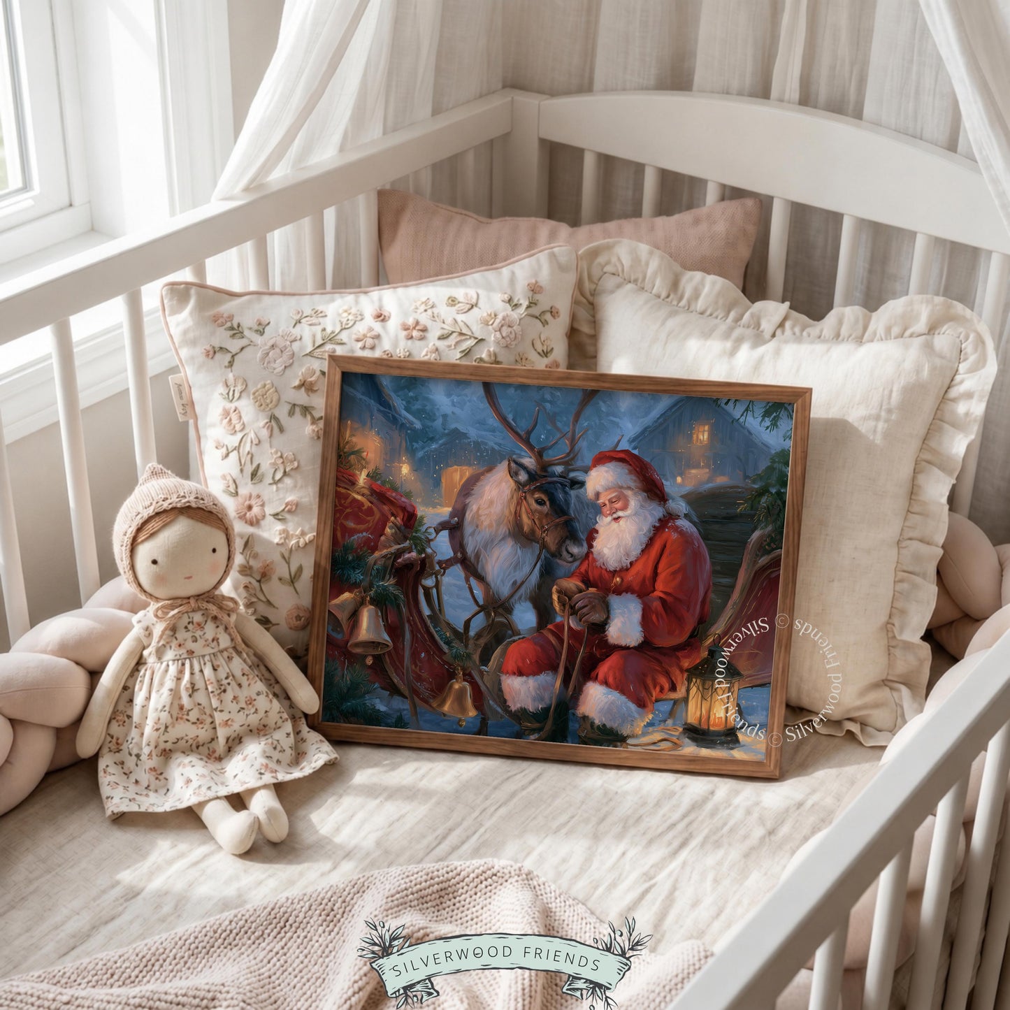 Cottagecore Christmas artwork printable — vintage holiday scene with bearded figure, reindeer companion, and snowy ambiance