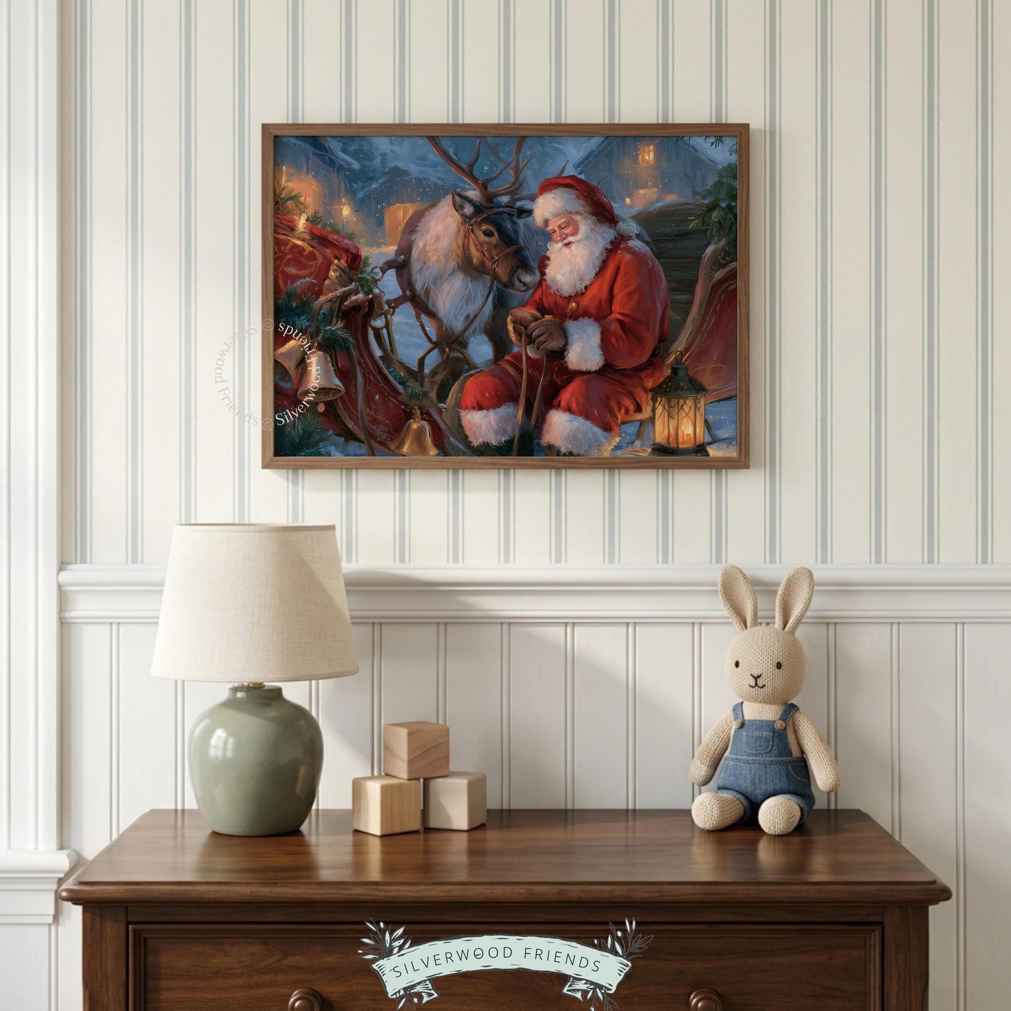 Vintage Christmas print featuring jolly bearded man and reindeer — traditional holiday aesthetic with rich color palette