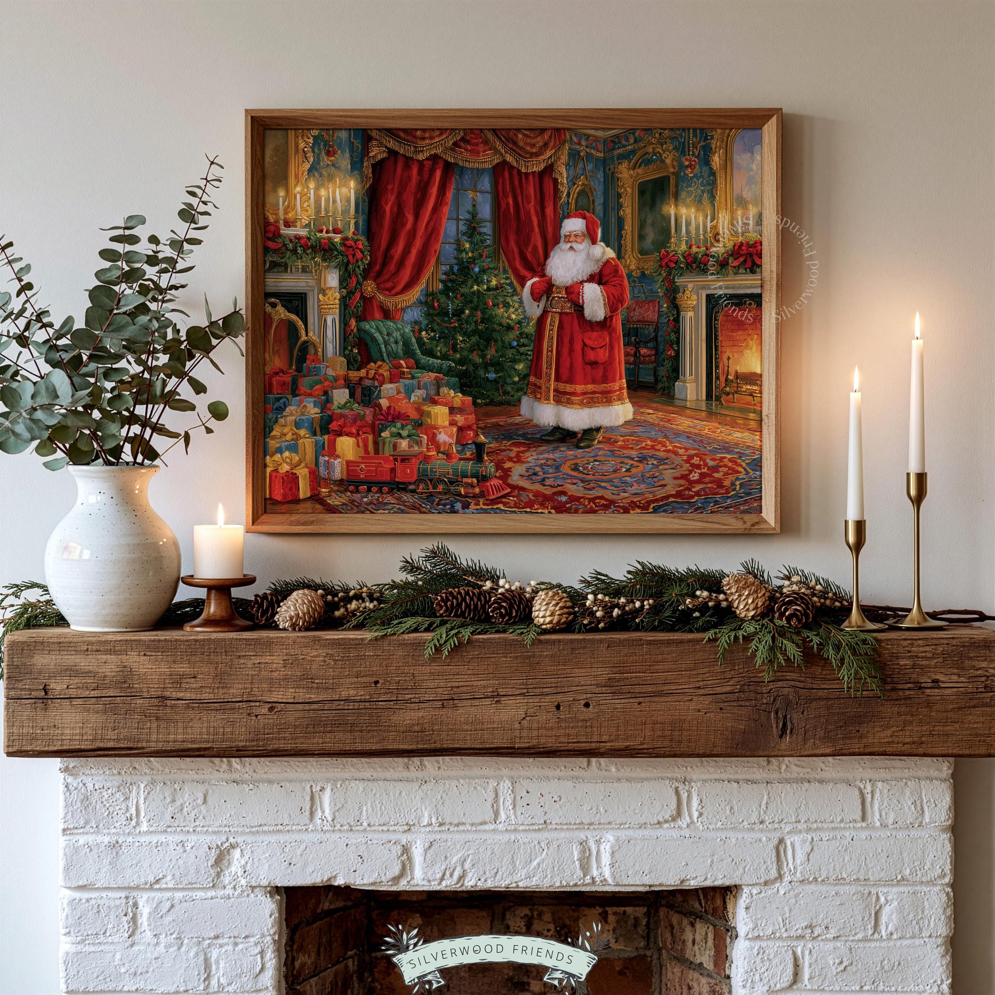 Timeless festive gathering digital print — vintage holiday room featuring generous host figure with fireplace glow