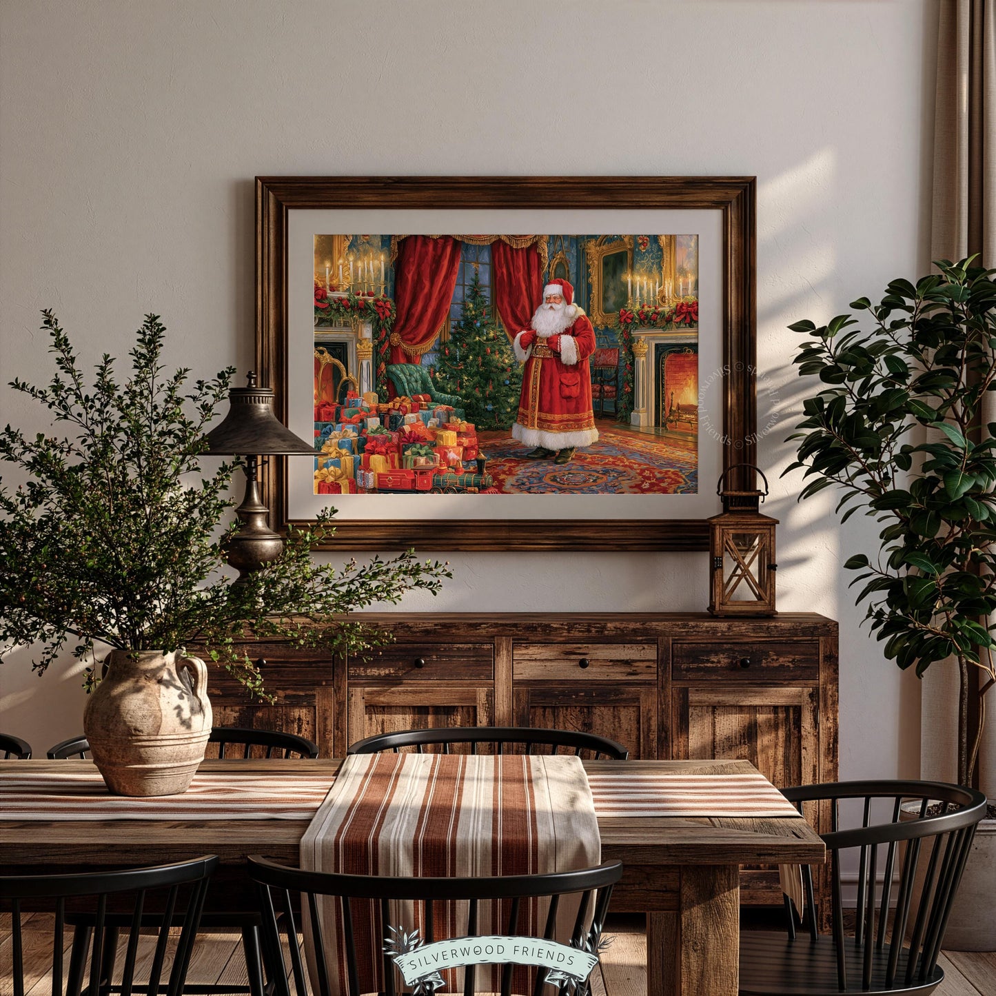 Victorian Santa poster for living room — festive holiday painting with ornate gold décor and warm candlelight