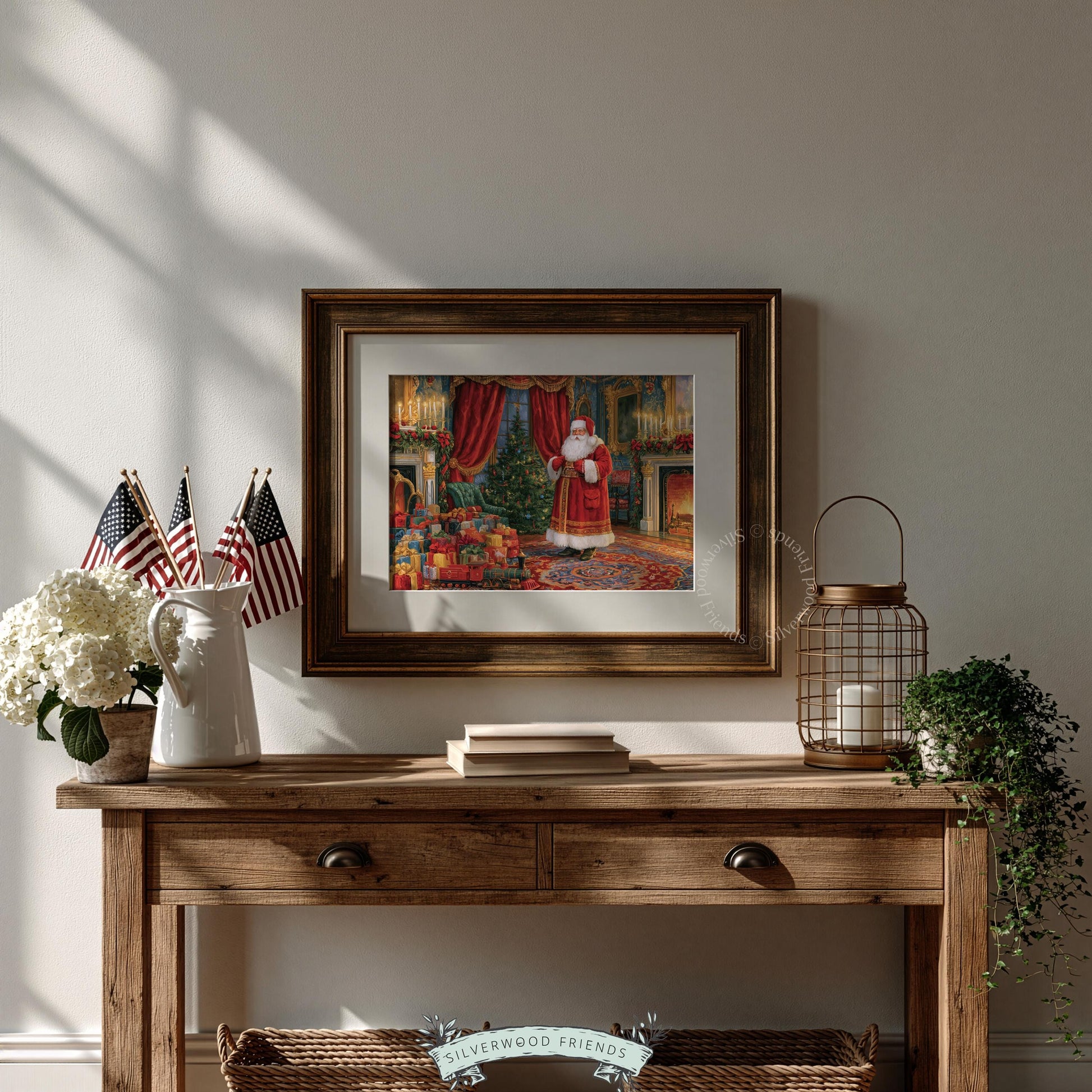 Jolly Father Christmas wall art — vintage parlor scene with decorated tree, gifts, and jewel-toned interior