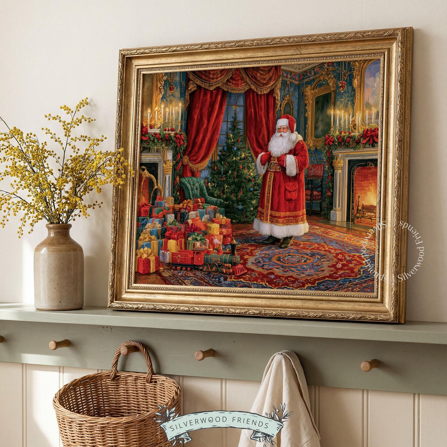 Classic Christmas portrait picture for living room — warm interior scene with decorated tree, gold accents, ornate décor