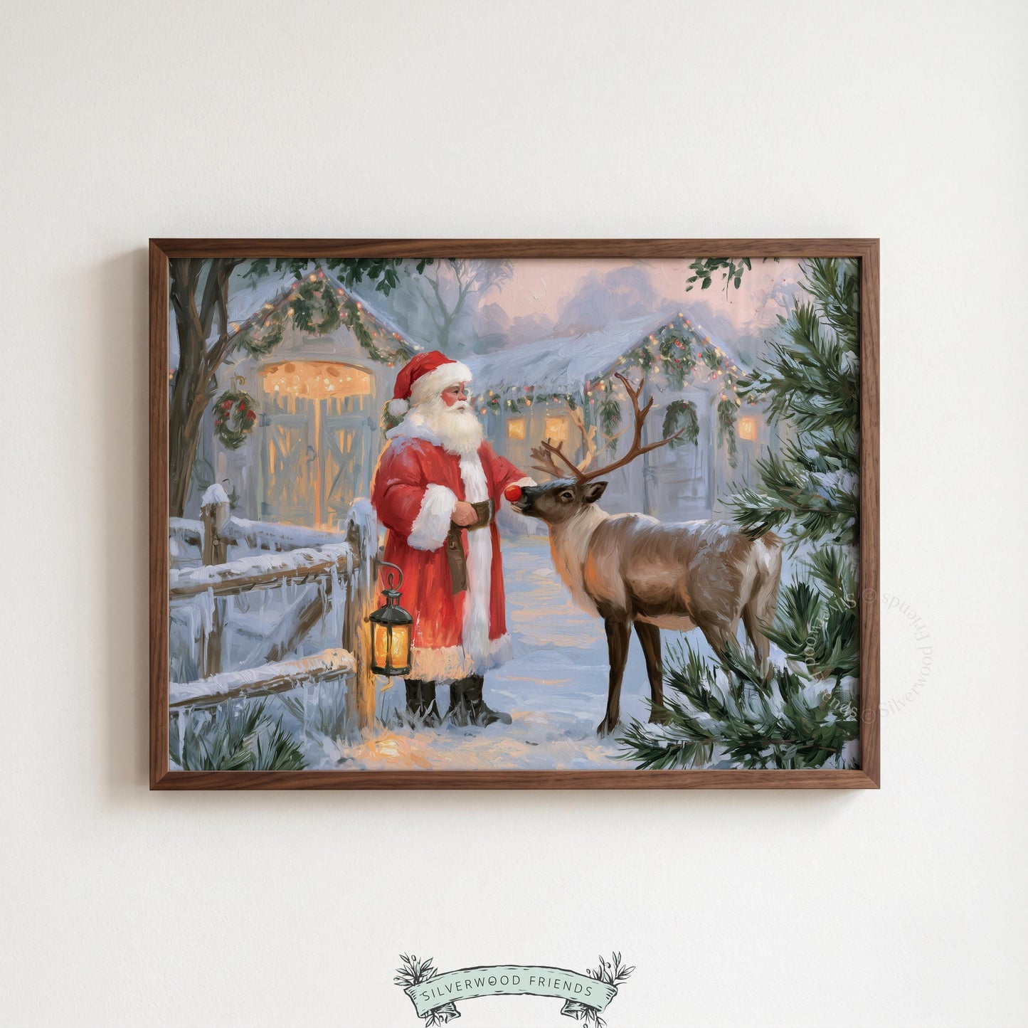 Cozy Christmas painting with Santa and reindeer wall art for family room — warm vintage North Pole aesthetic with glow