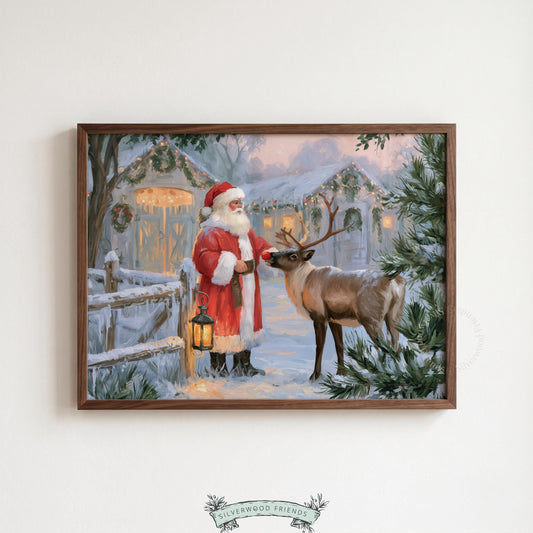 Cozy Christmas painting with Santa and reindeer wall art for family room — warm vintage North Pole aesthetic with glow