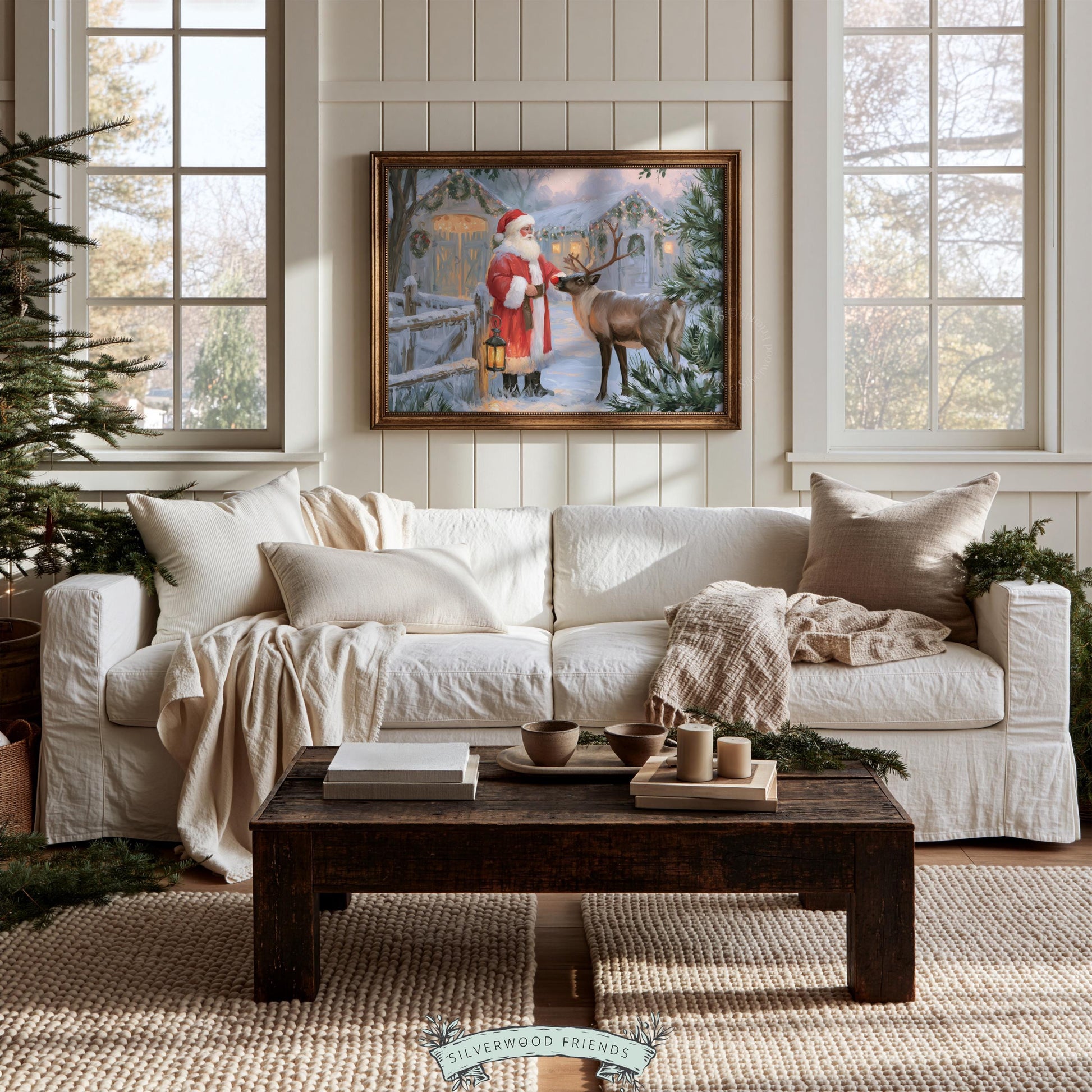 Nostalgic winter holiday scene with jolly character poster for kitchen — vintage farmhouse painting with soft brushwork