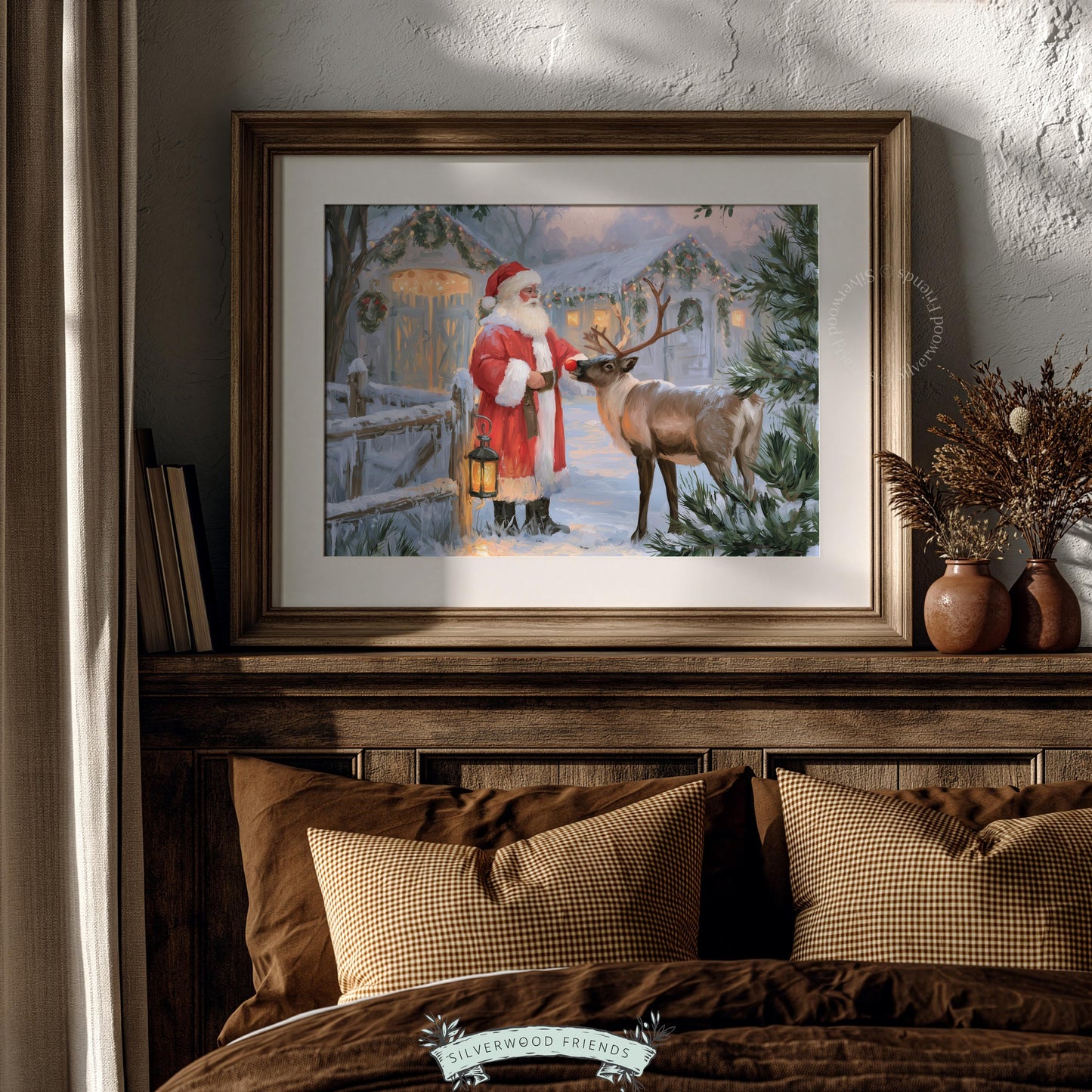 Holiday Santa near nuzzling deer printable wall art — warm cottage Christmas painting for seasonal decorating