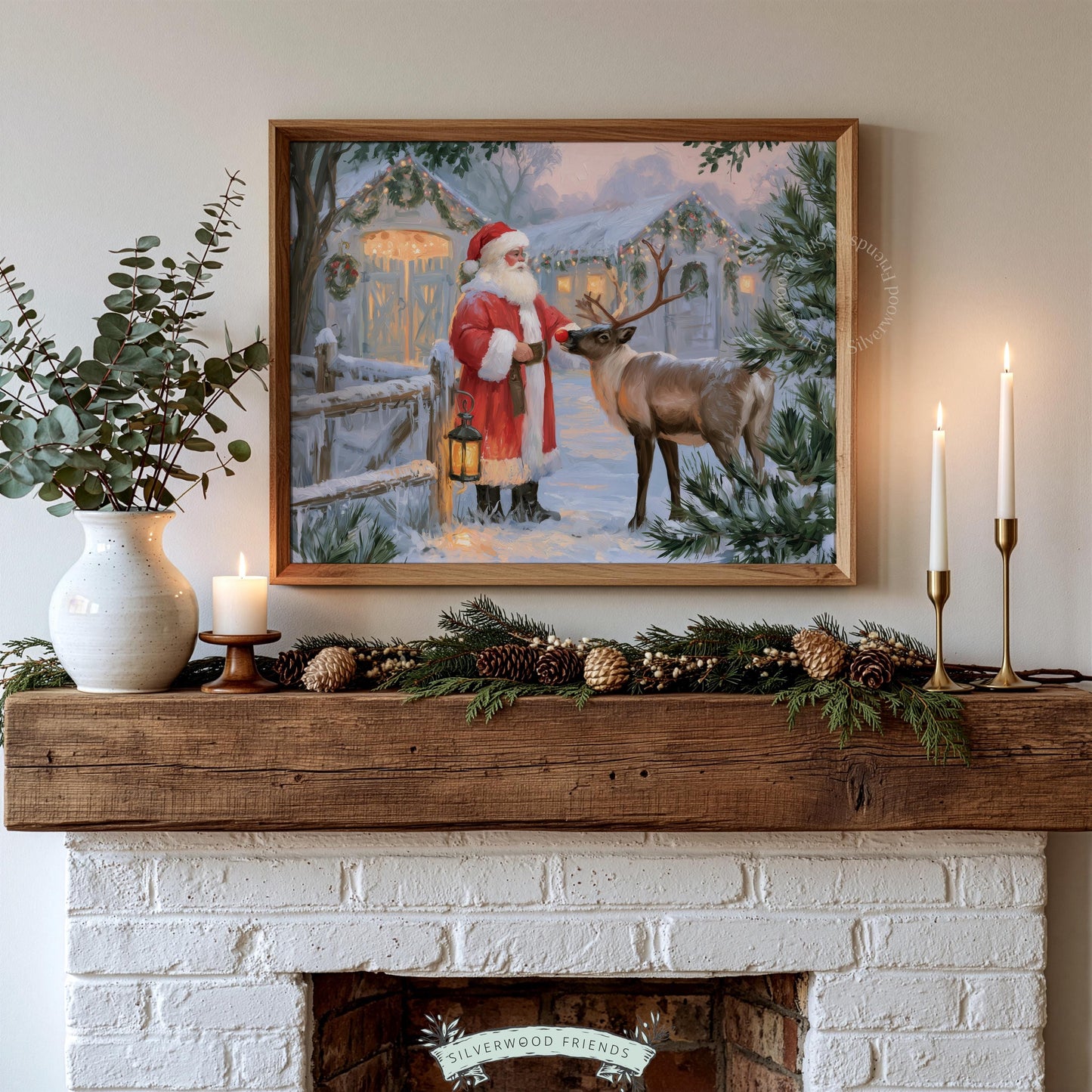 Vintage holiday figure holding light poster for guest room — charming snowy landscape with cottagecore aesthetic