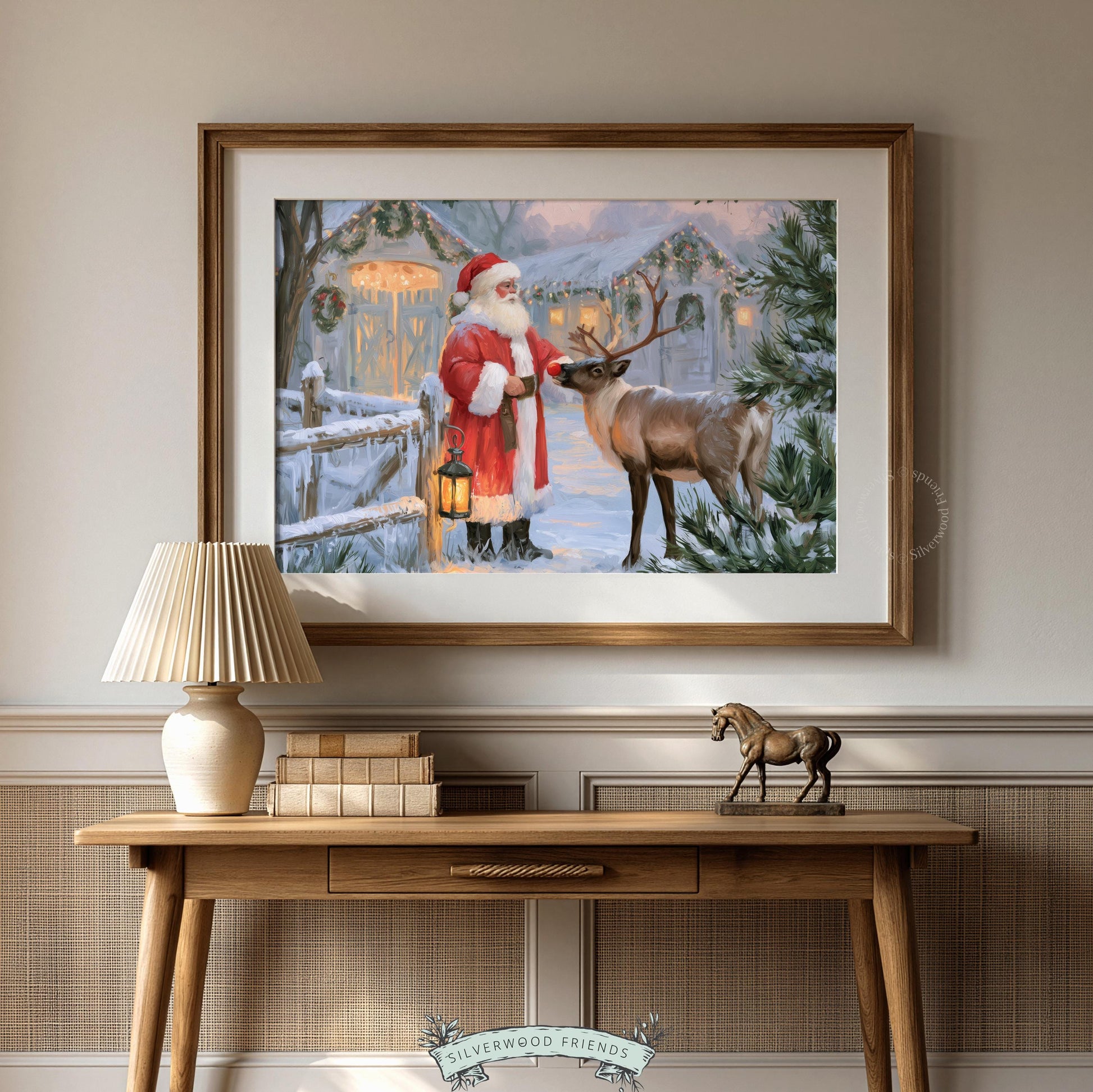 Vintage jolly character with reindeer picture for family room — cozy snowy scene with cabin and icicle lights