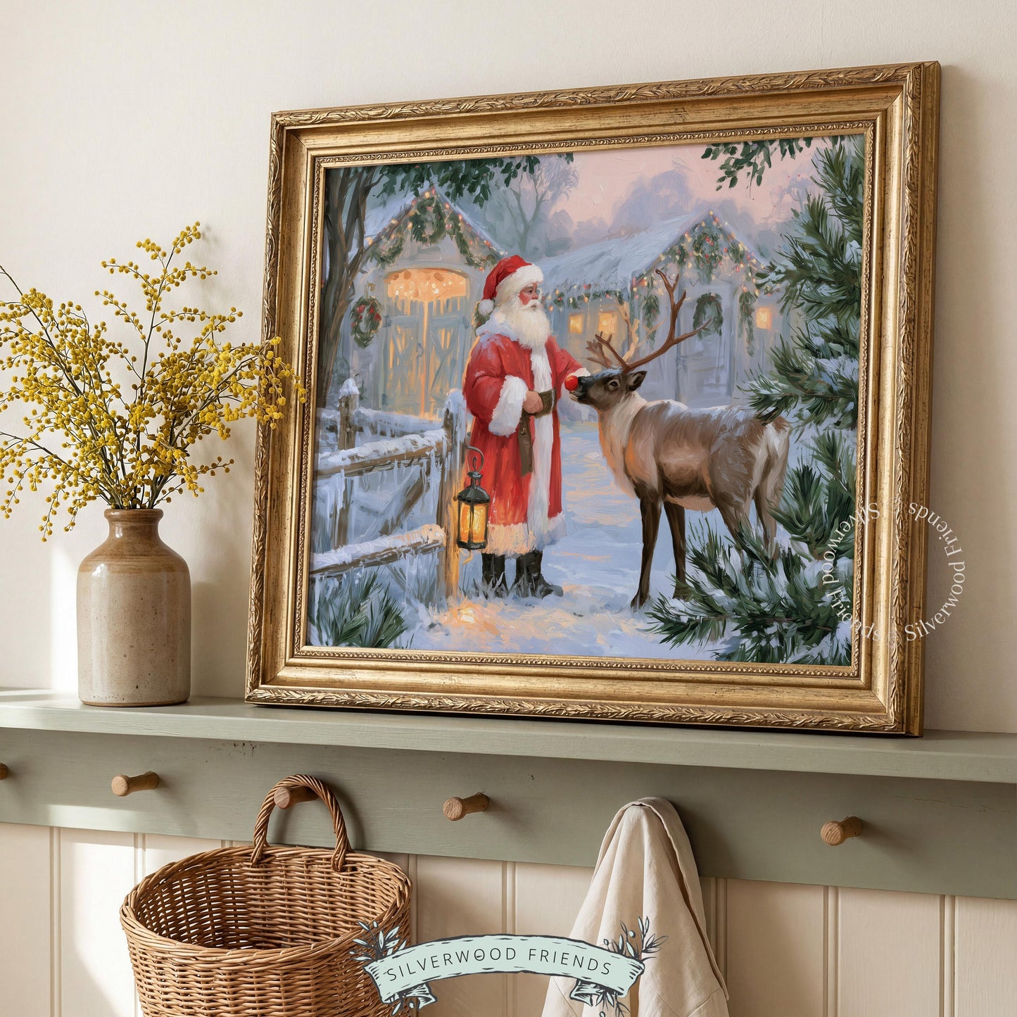 Christmas Santa and reindeer digital print for kitchen — vintage winter cottage landscape with warm palette
