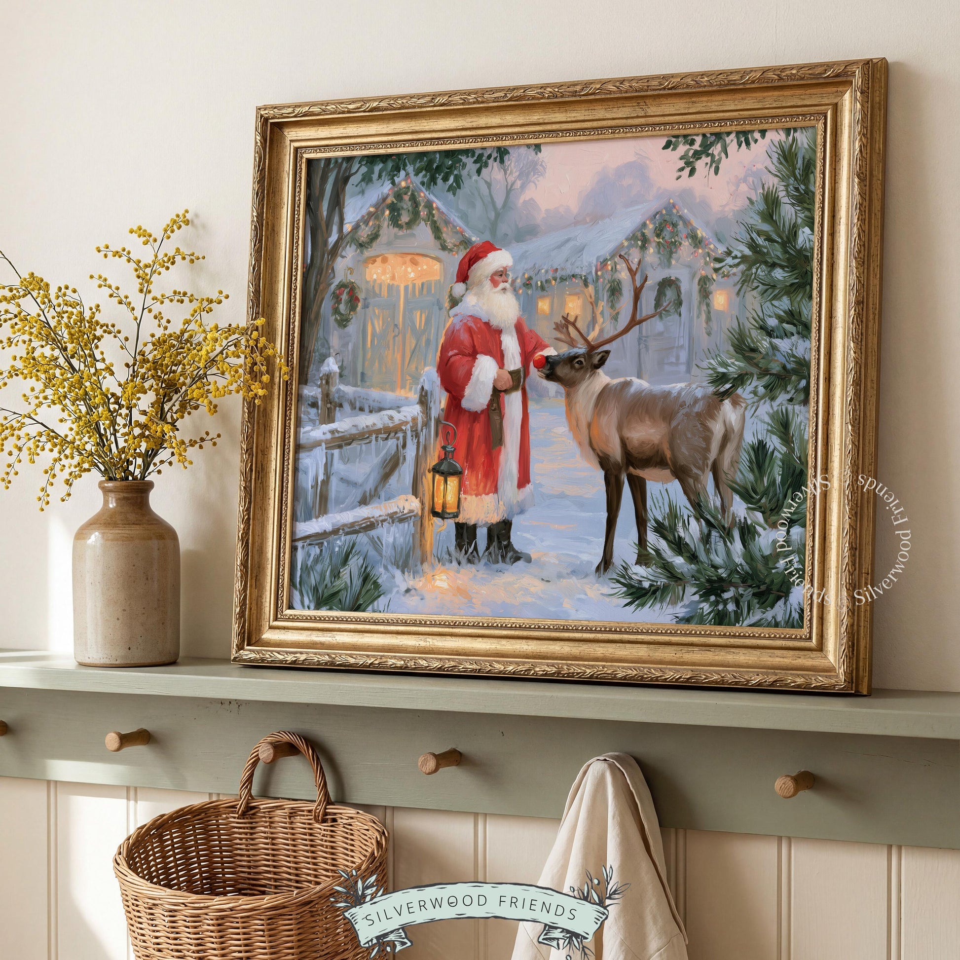 Christmas Santa and reindeer digital print for kitchen — vintage winter cottage landscape with warm palette