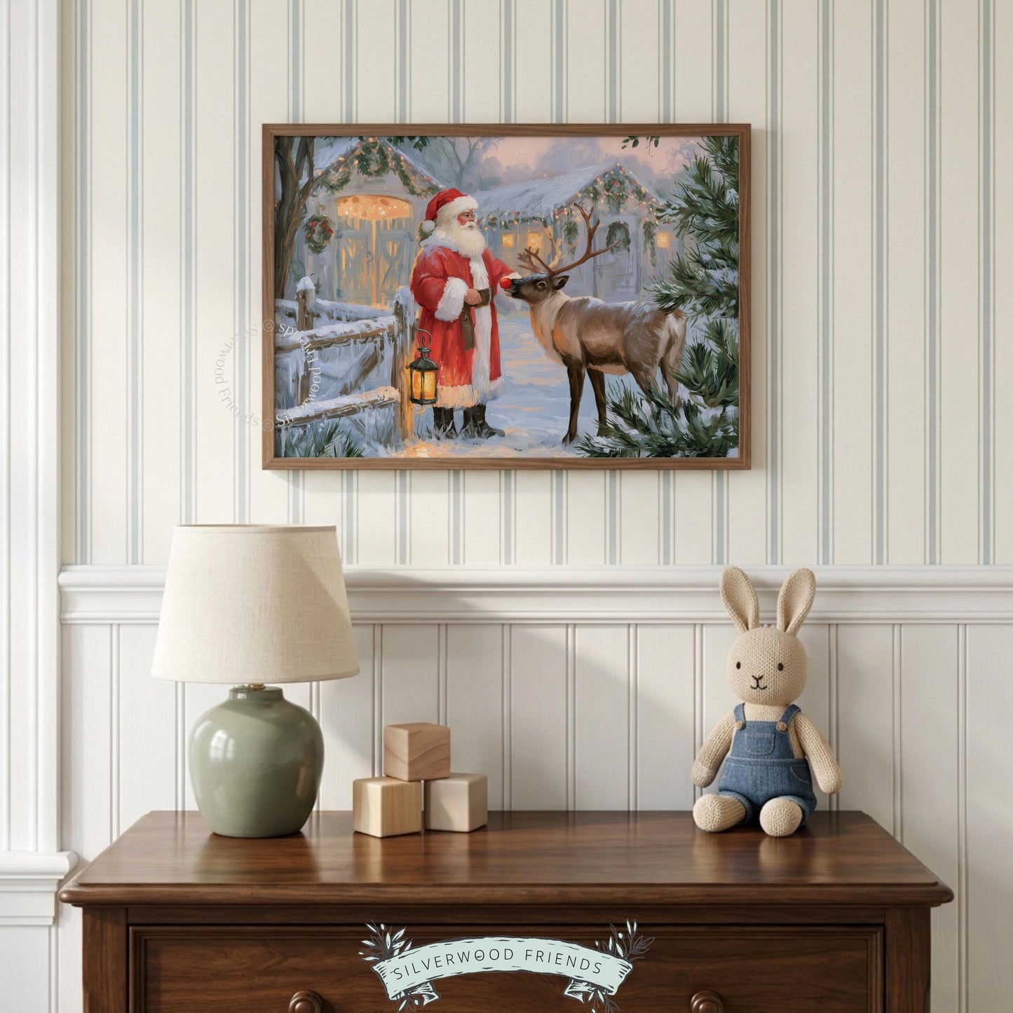 Old-fashioned Christmas portrait with reindeer wall art for bedroom — cozy vintage painting with snow and wreaths