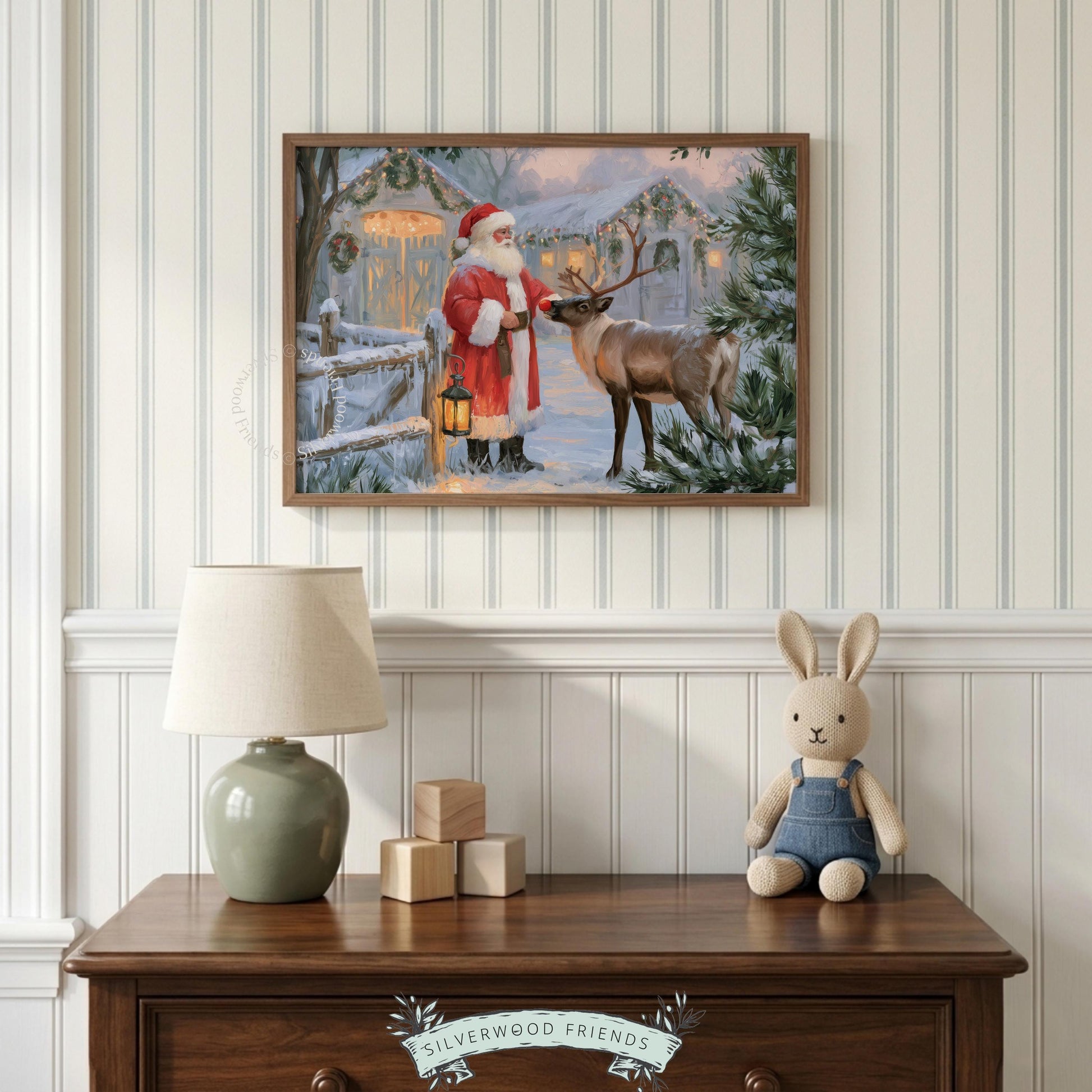 Old-fashioned Christmas portrait with reindeer wall art for bedroom — cozy vintage painting with snow and wreaths