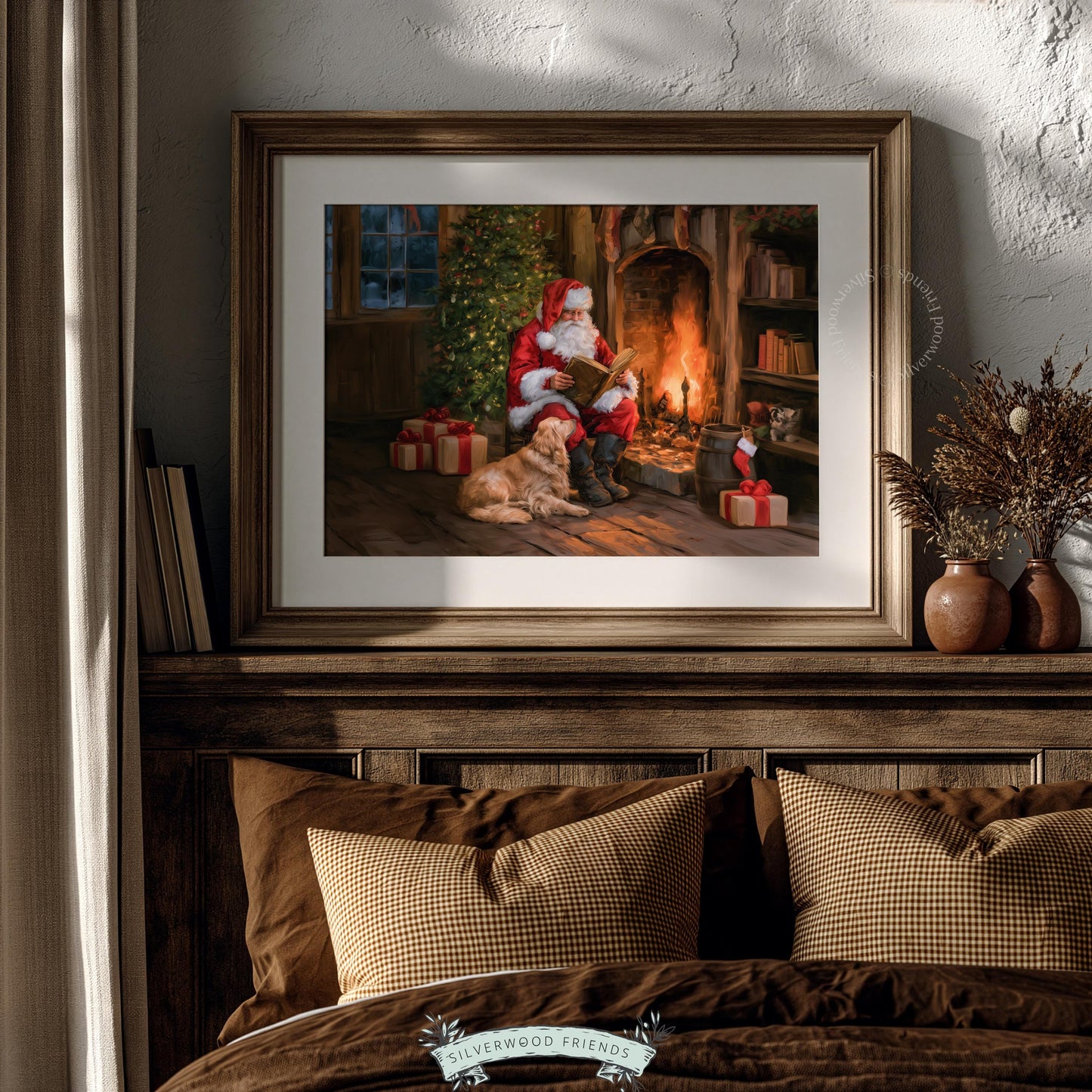 Vintage Christmas painting printable for farmhouse — jolly old Saint Nick beside hearth with loyal companion