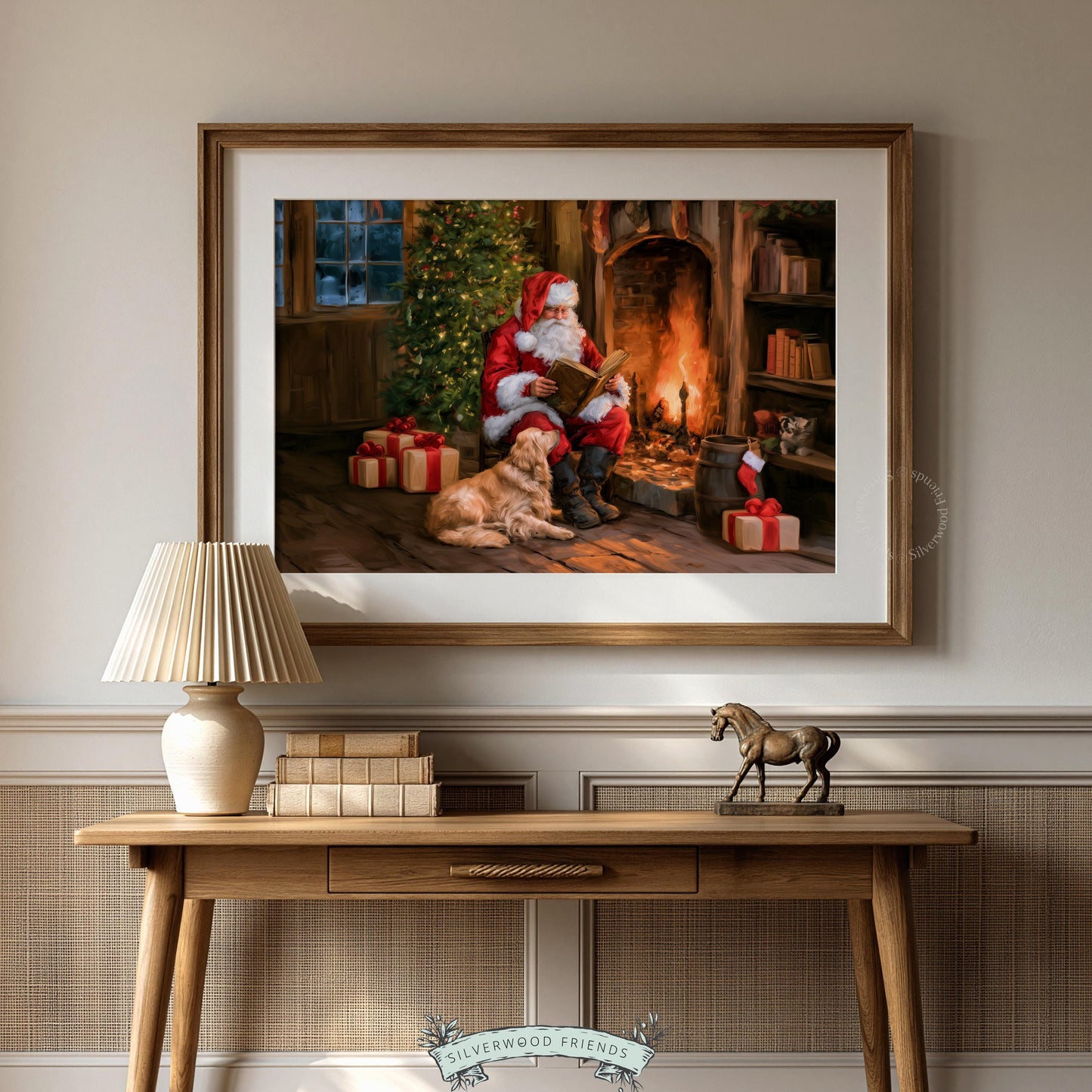 Vintage Christmas picture for holiday hosting — Santa in rustic cabin with wrapped gifts and stockings