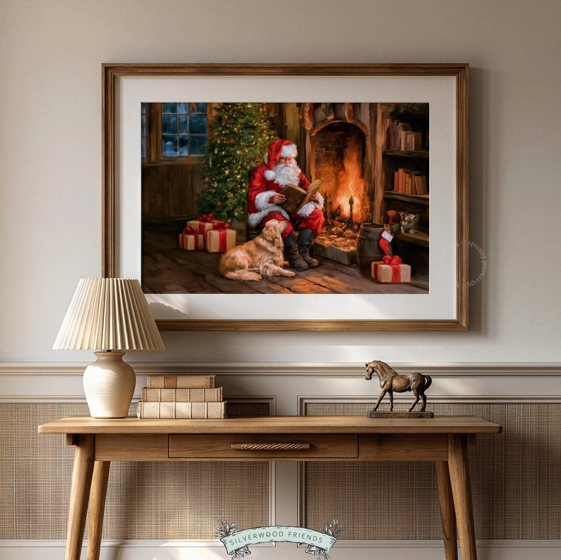 Vintage Christmas picture for holiday hosting — Santa in rustic cabin with wrapped gifts and stockings