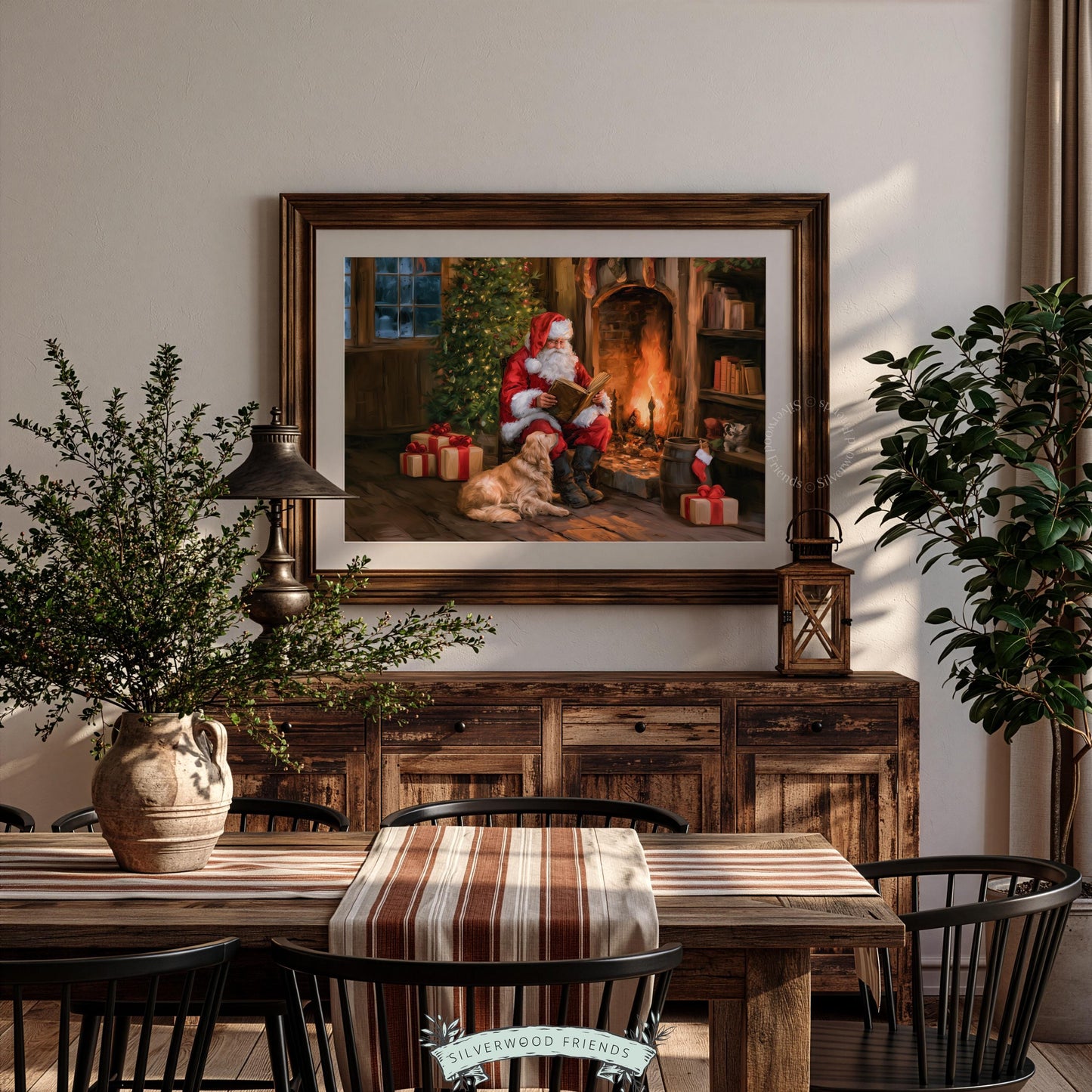 Instant download Christmas art for entryway — jolly figure by fireplace with loyal companion and festive decorations