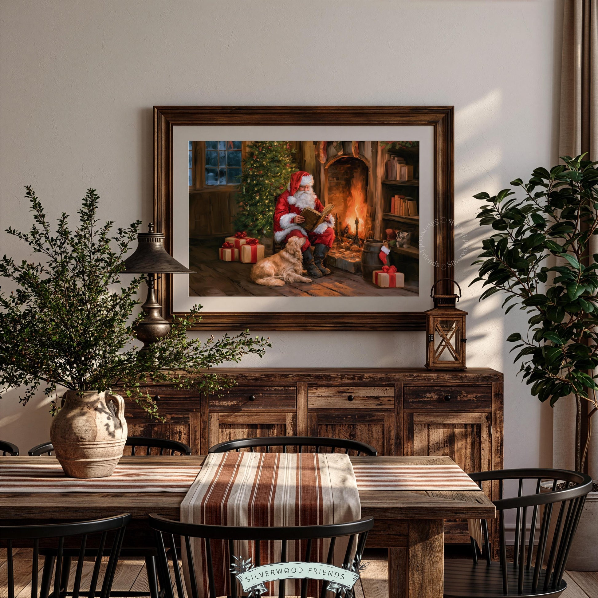 Instant download Christmas art for entryway — jolly figure by fireplace with loyal companion and festive decorations