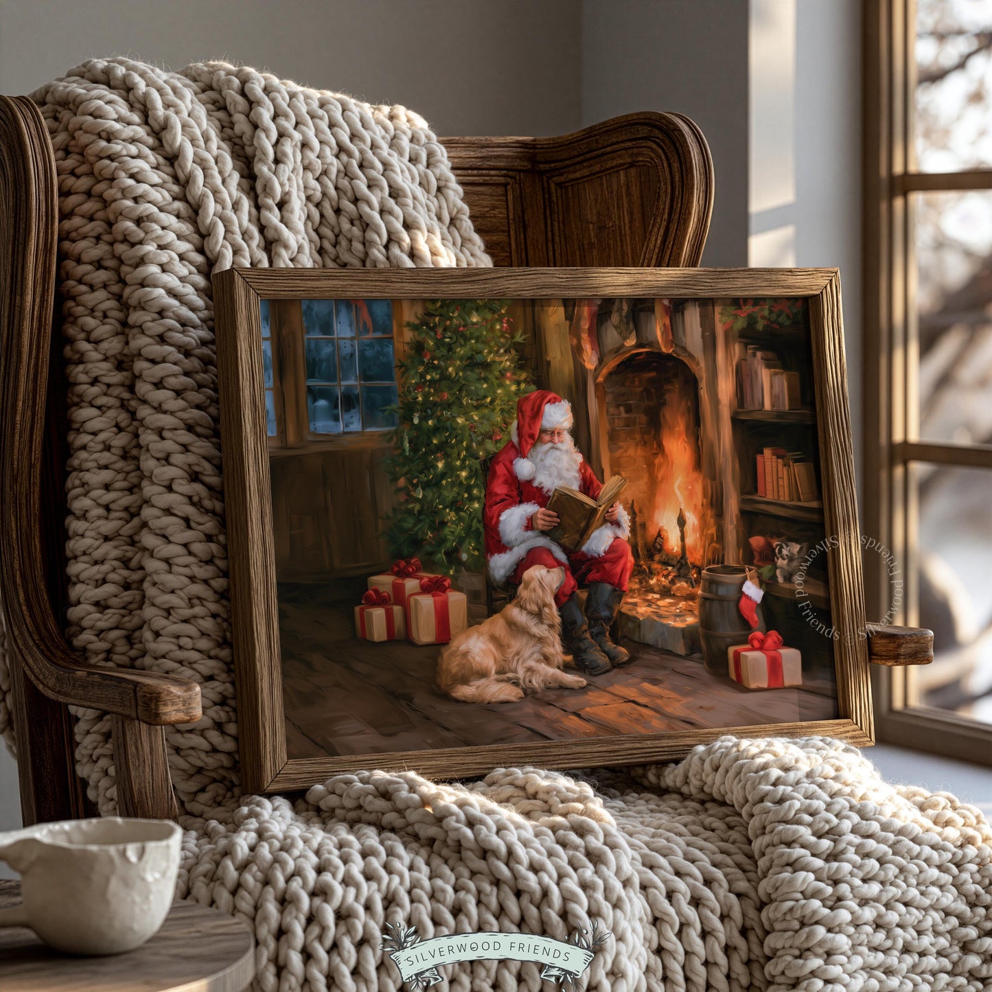 Santa Claus digital print for cabin décor — rustic holiday artwork featuring fireplace and golden retriever