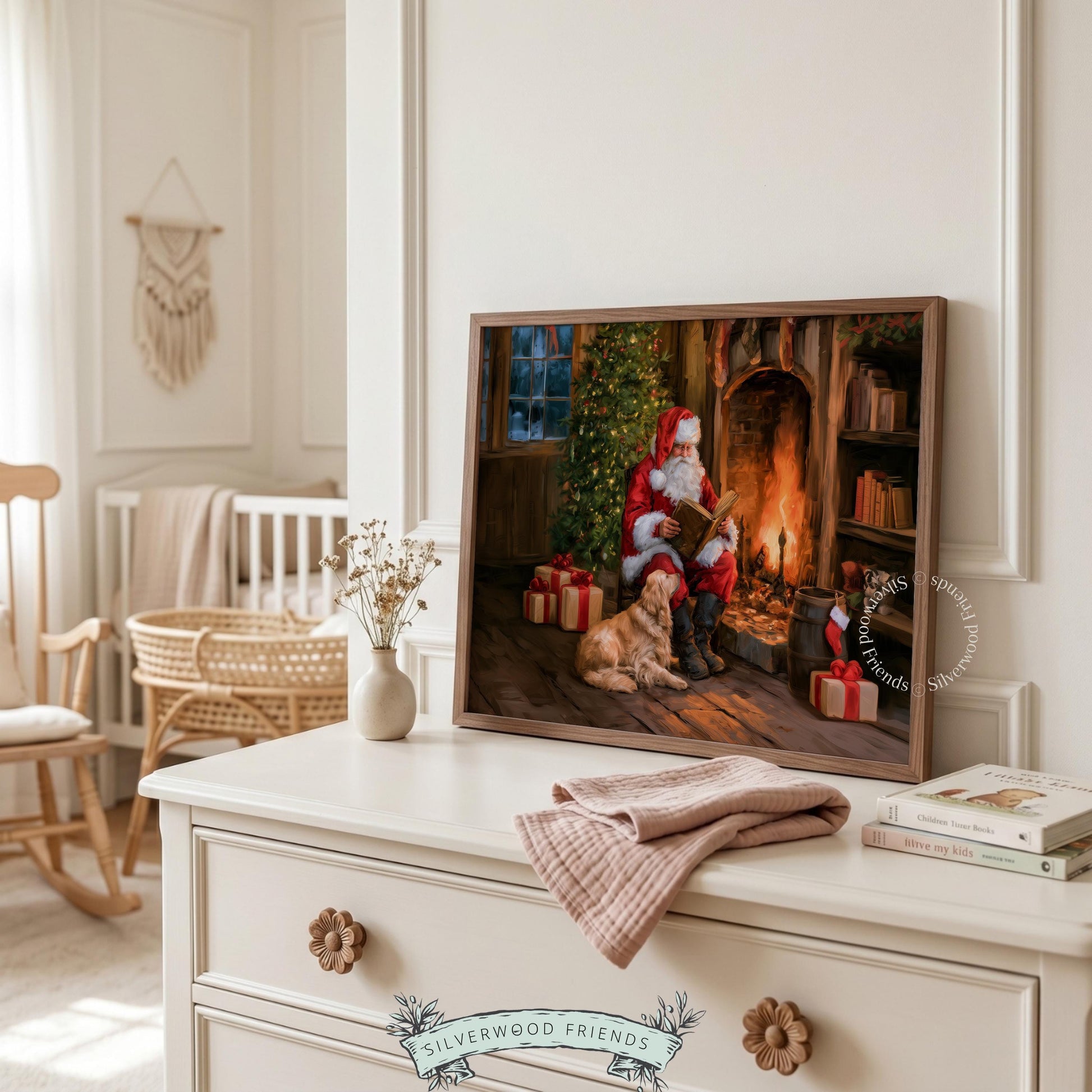Holiday cabin scene digital print poster — Santa in cozy setting with fireplace, wrapped gifts, and glowing tree