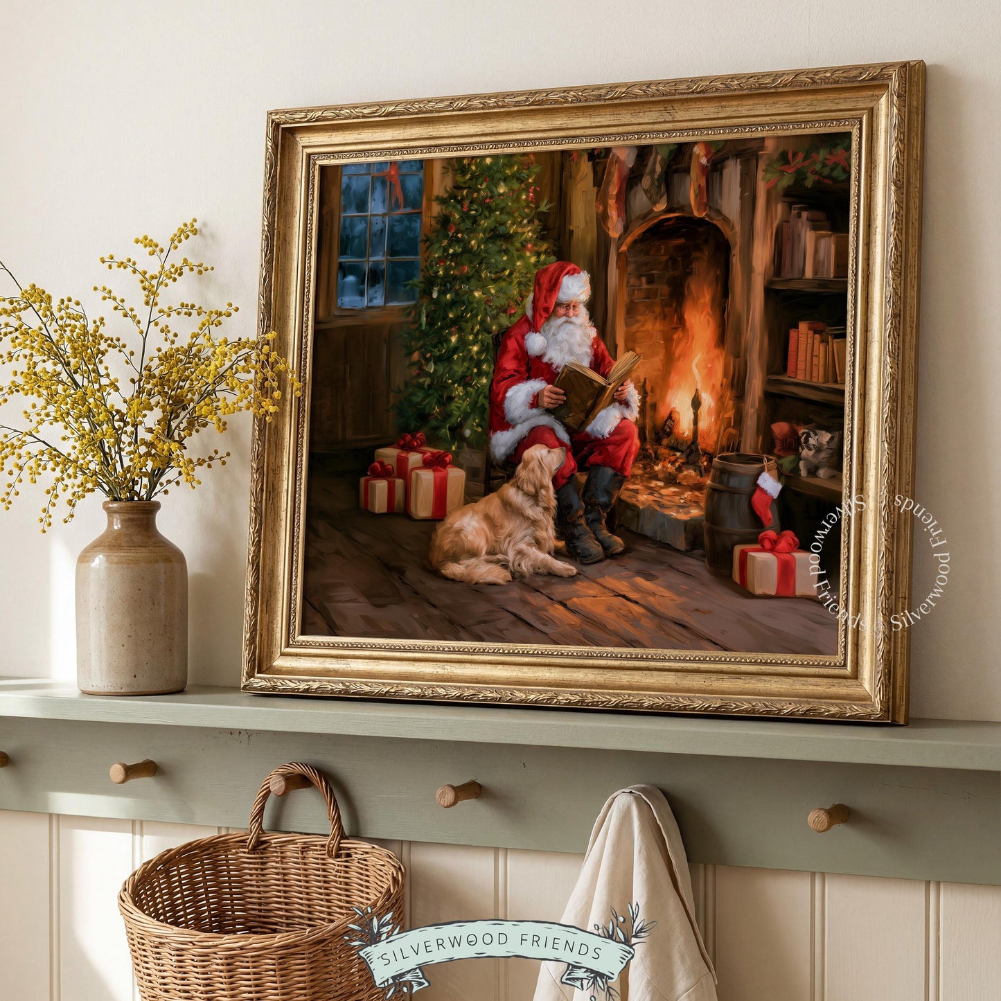 Warm Christmas painting wall art printable for den — Santa seated with book, golden retriever, and holiday stockings