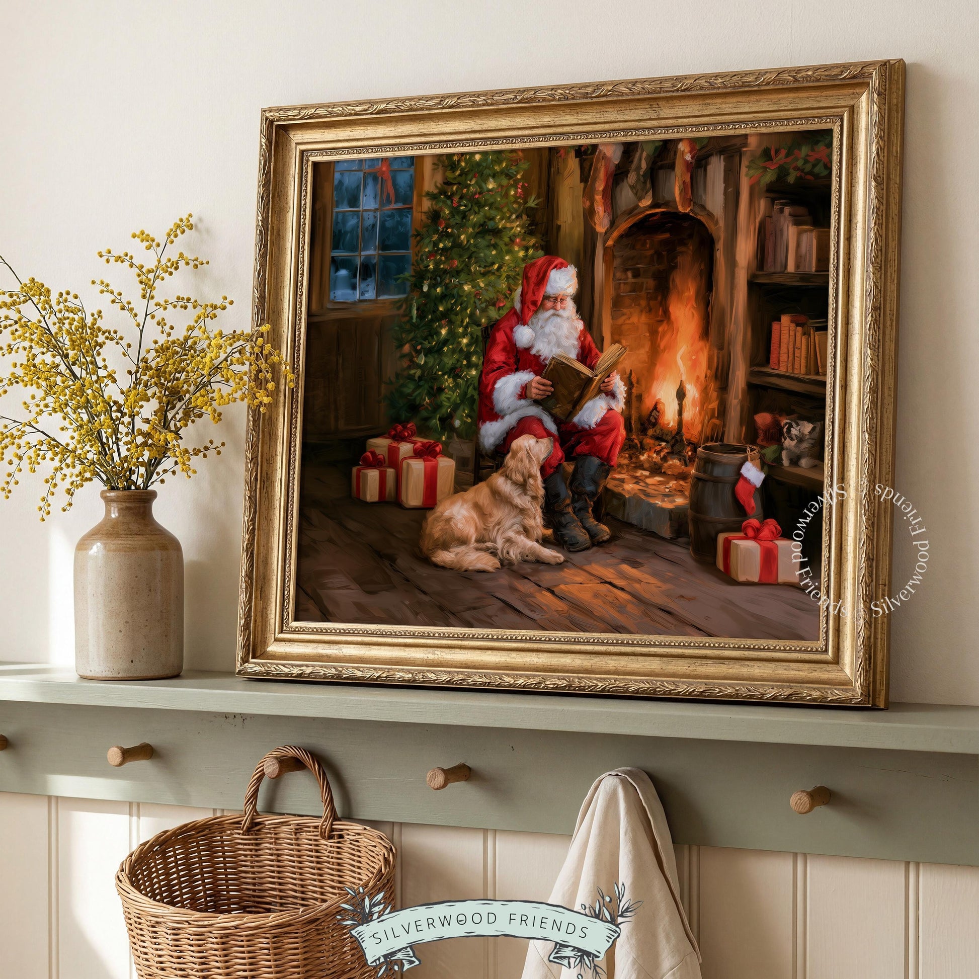 Warm Christmas painting wall art printable for den — Santa seated with book, golden retriever, and holiday stockings