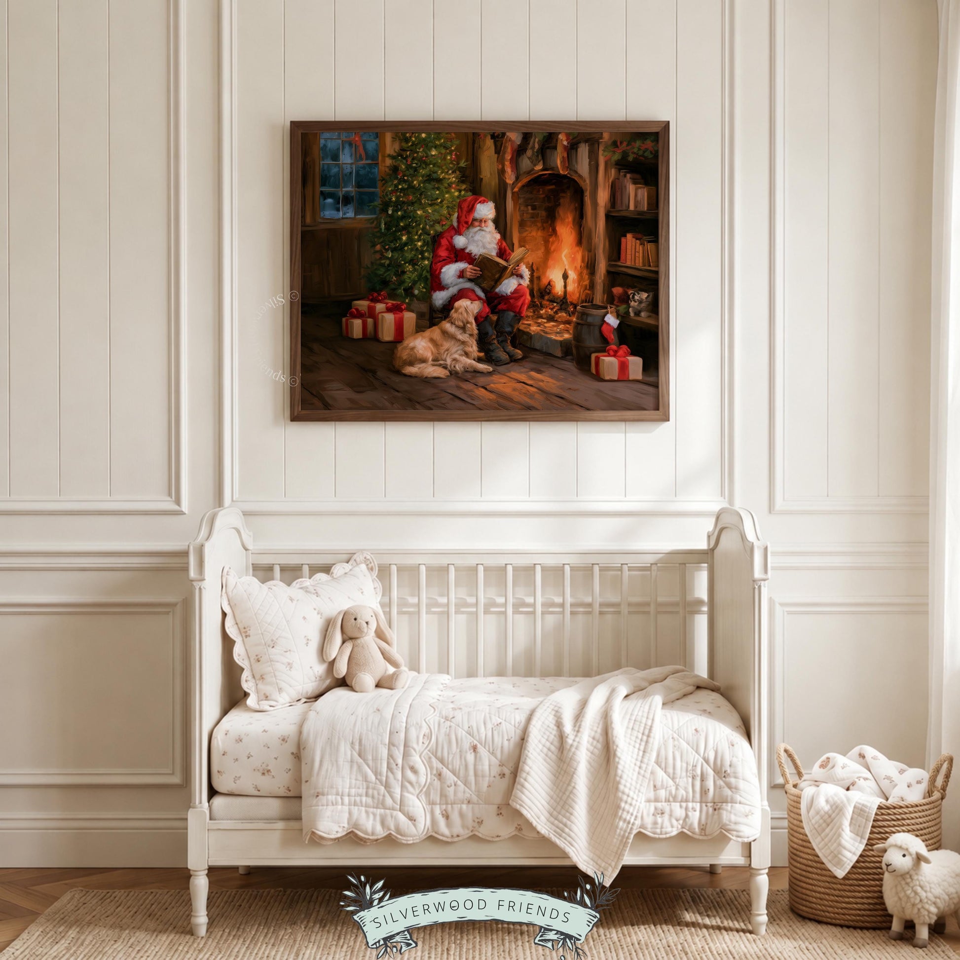 Festive vintage print wall art for bedroom — jolly old Saint reading beside fire with loyal golden dog
