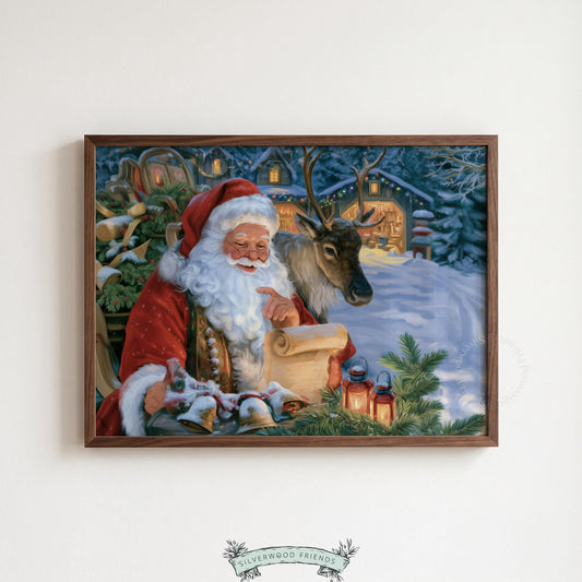 Festive holiday digital print art for gallery wall — Santa reading list with lantern and pine forest setting