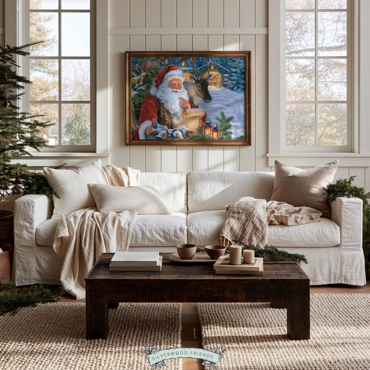 Charming Christmas scene digital print for kitchen — bearded Santa reading list by warm lamplight