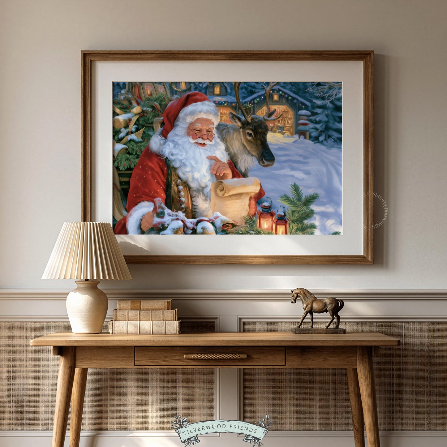 Nostalgic holiday picture art for entryway — Santa Claus reading by lantern with evergreen and reindeer accents