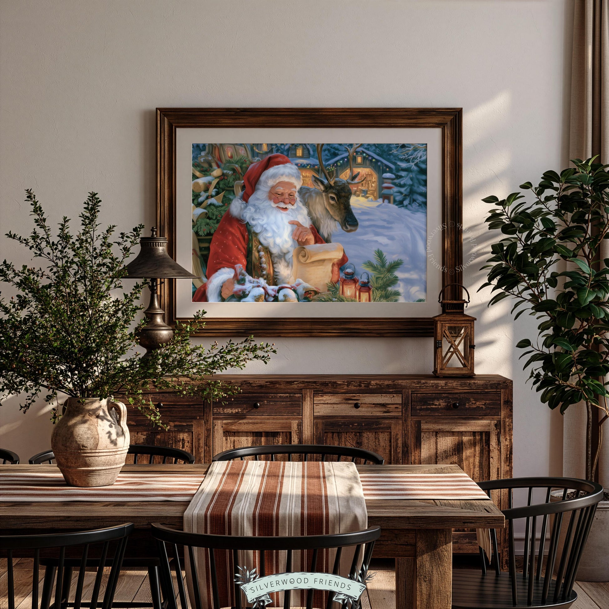 Vintage holiday wall art for home office — Santa with parchment scroll, pine garland, and winter ambiance