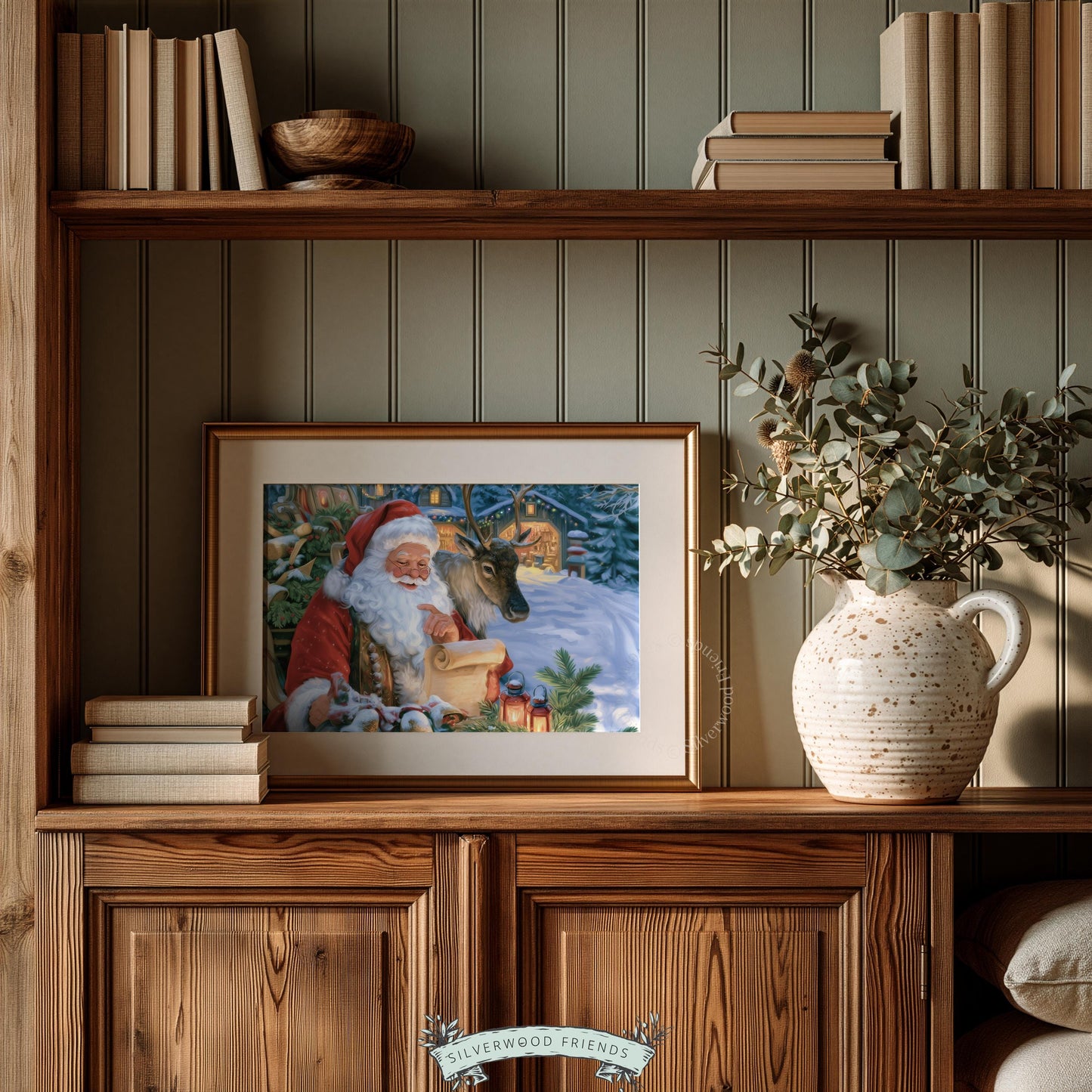 Warm Christmas farmhouse poster featuring Santa in red suit reading by lantern — storybook cottage aesthetic