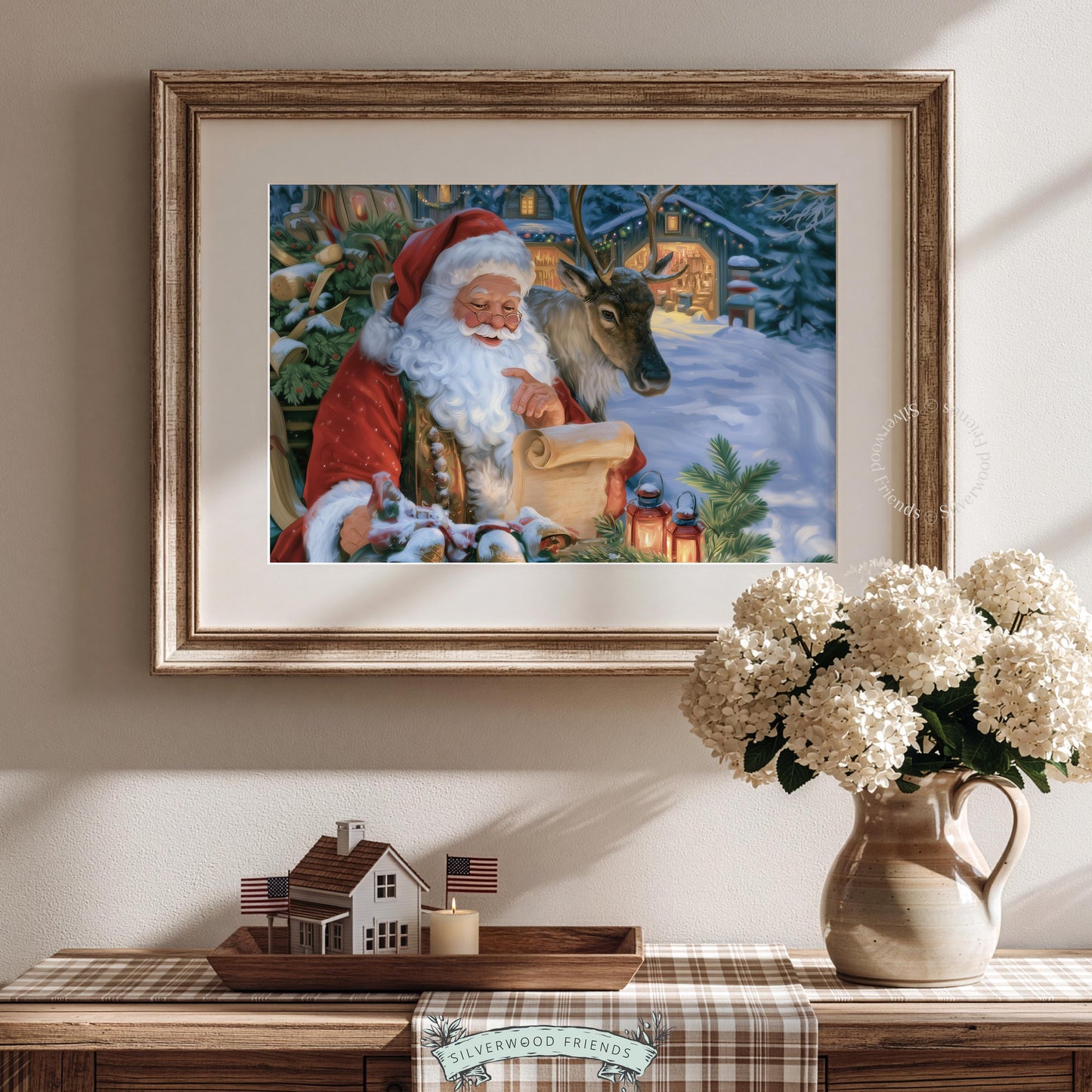 Traditional Santa wall print showing warm golden light and winter village scene — nostalgic holiday charm