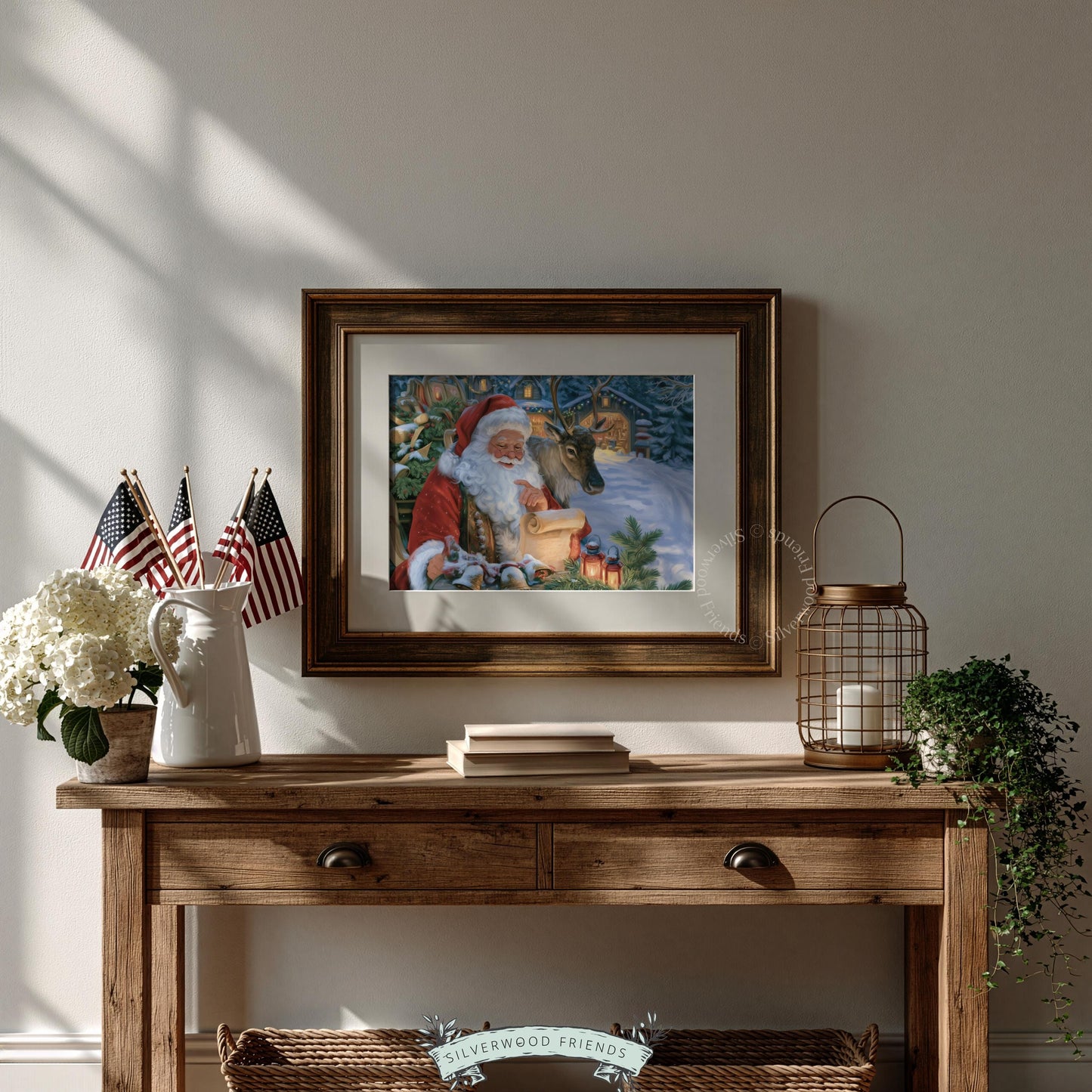 Classic festive picture art with jolly Santa, evergreen branches, and golden light — vintage yuletide decor