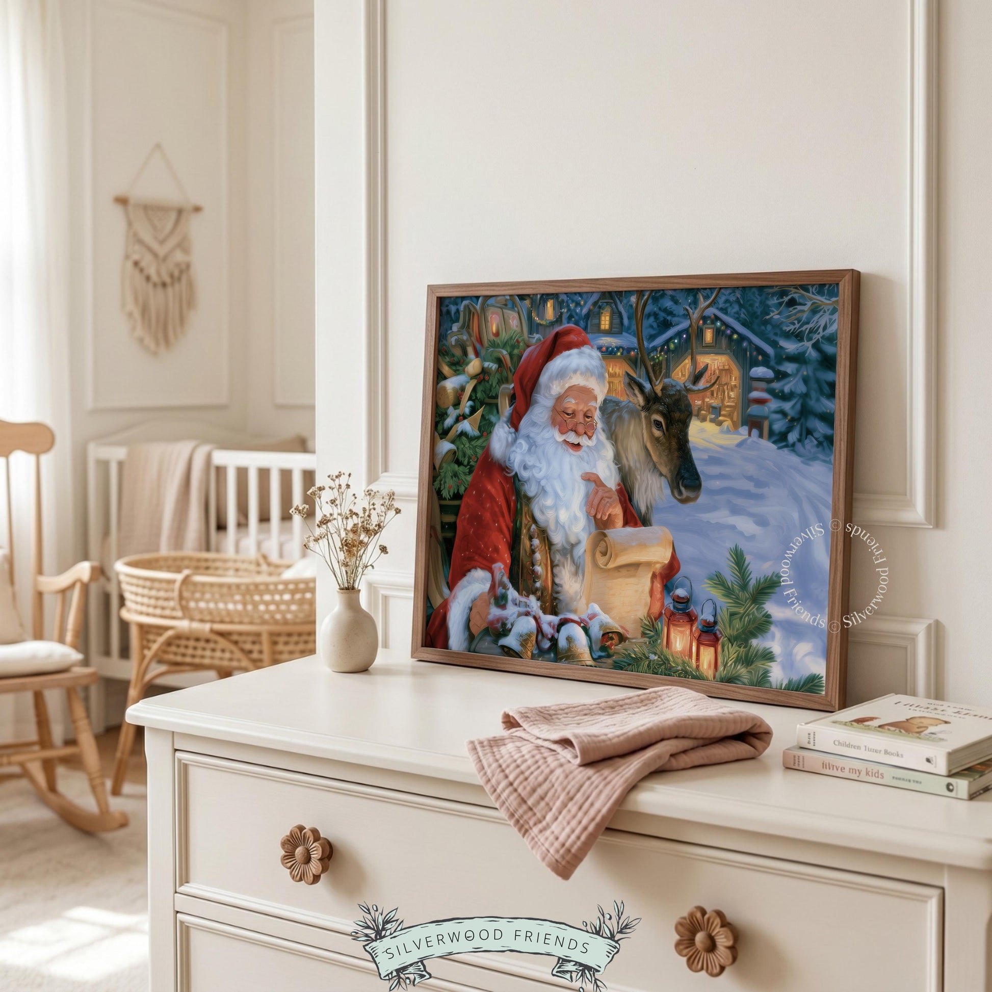 Festive North Pole artwork showing Santa, reindeer, and village lights — rich warm color classic painting