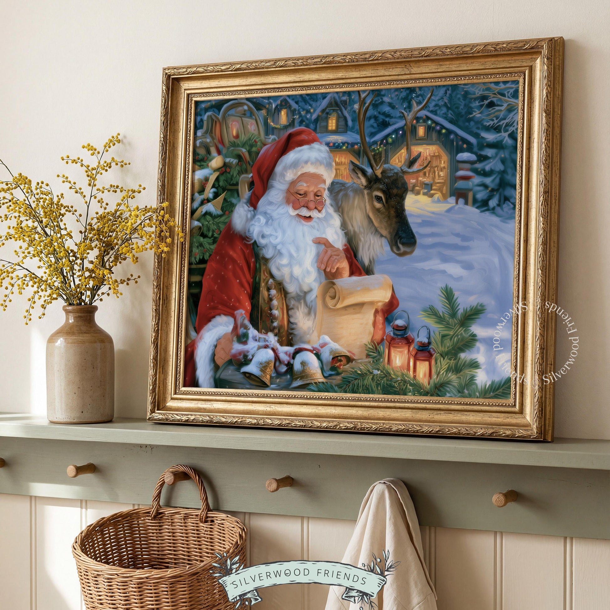 Vintage Christmas poster depicting Santa, reindeer, and cozy cottage — rich blue and warm gold tones