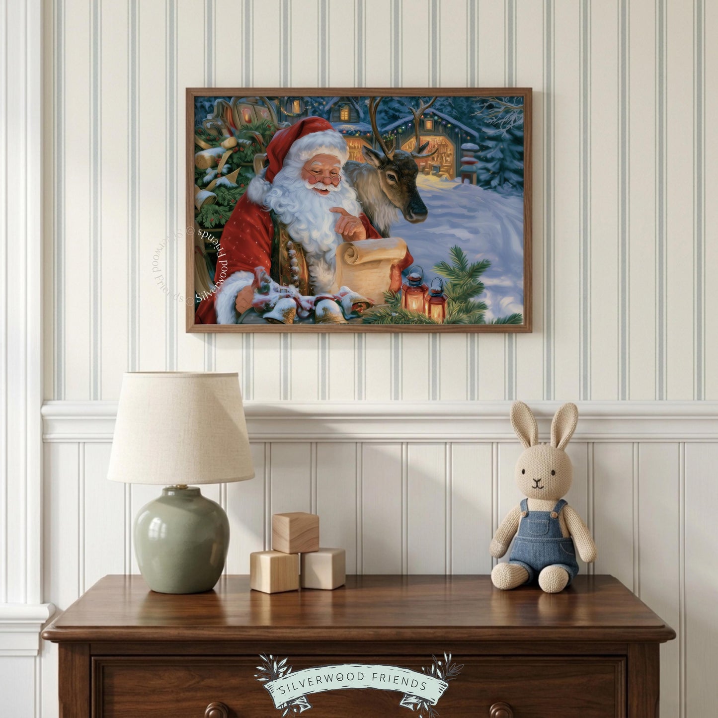 Cozy Christmas printable artwork for family room — bearded figure with scroll, reindeer, snowy backdrop