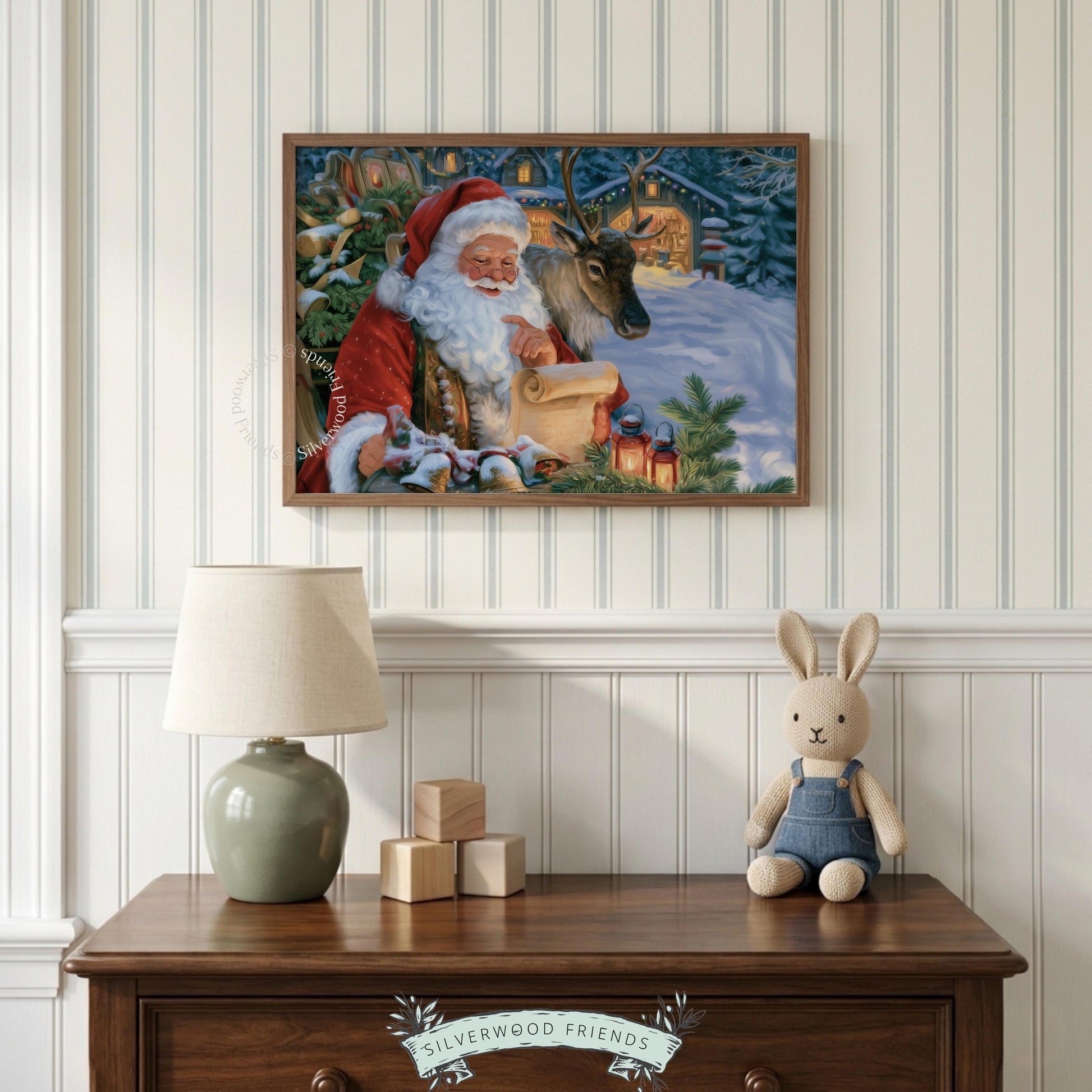 Cozy Christmas printable artwork for family room — bearded figure with scroll, reindeer, snowy backdrop