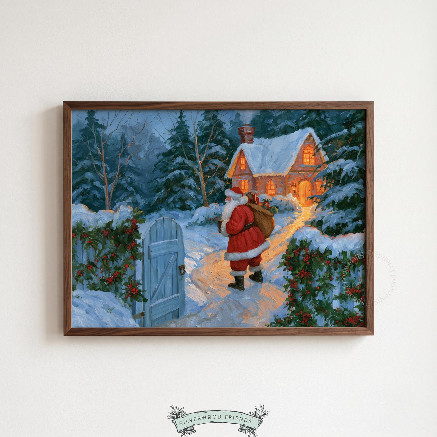 Christmas night painting printable for seasonal decor — warm cabin ambiance with frosted garden setting, gift-carrying figure, and old-fashioned charm