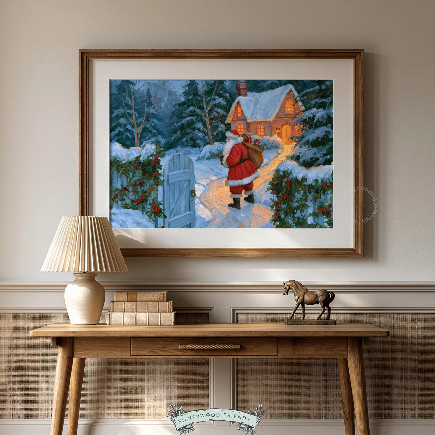 Christmas night painting for gallery wall — jolly figure approaching illuminated farmhouse across frosted garden setting